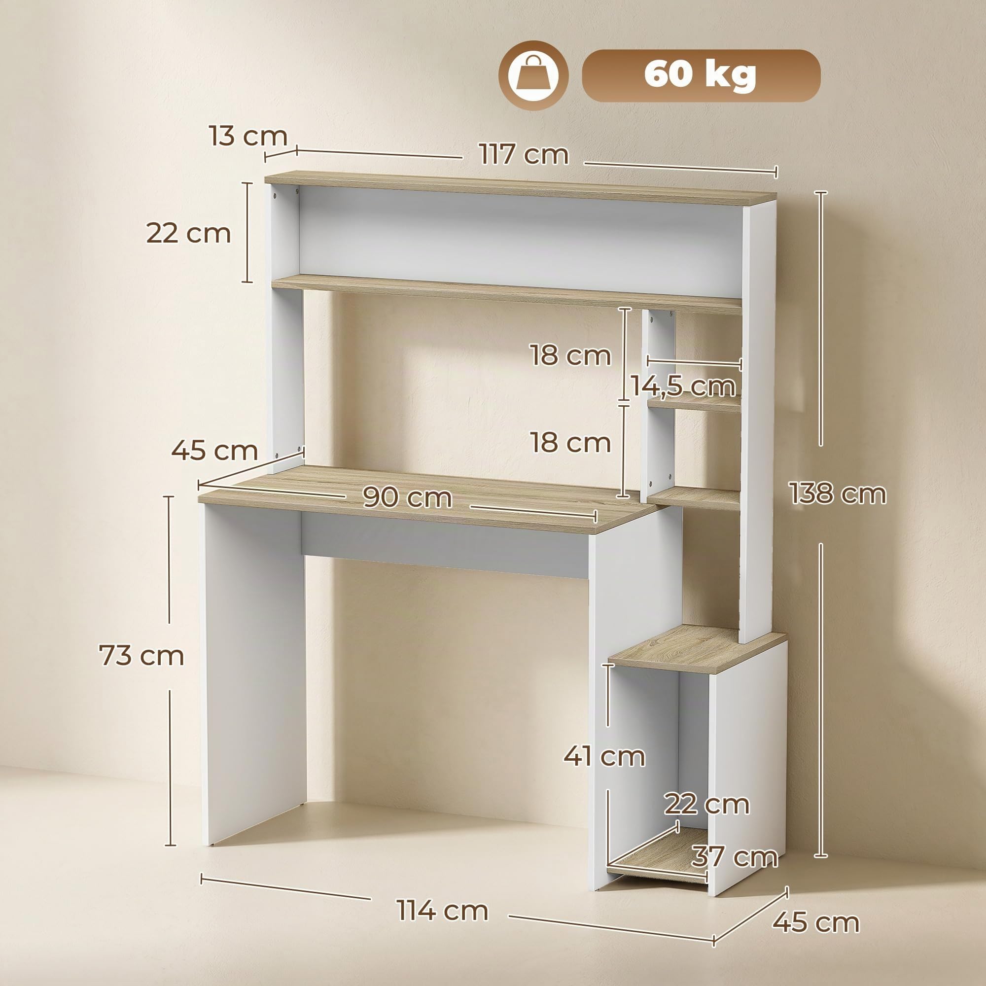 HOMCOM Bureau avec Rangement 114 x 45 x 138 cm Blanc et Bois Naturel