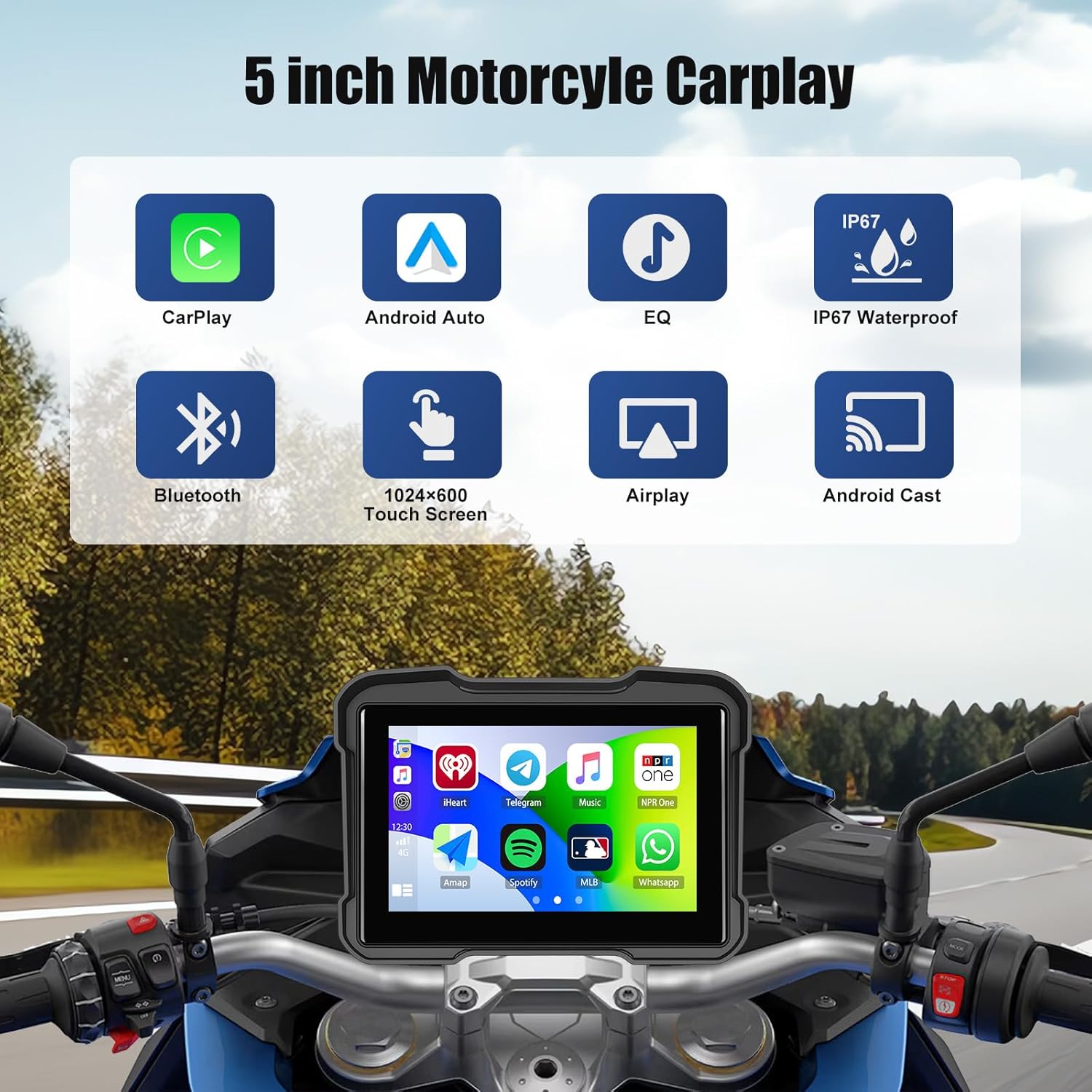 Motorcycle GPS Navigation System with Wireless Carplay Android Auto 5" Moto CarPlay Screen with Dual Bluetooth, Navigation/Siri/G00gle Assistant Waterproof