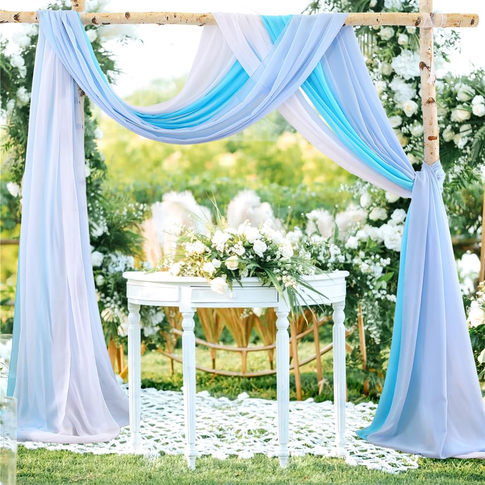 Mateju 3 Paneele Hochzeit Vorhang Hochzeitsbogen Tüll Querbehang Chiffon Stoff Freihanddekofür Himmelbett Gardinen Torbogen Zeremonie Fotografie Party Deko (Blau Und Weiß,75x1000cm)