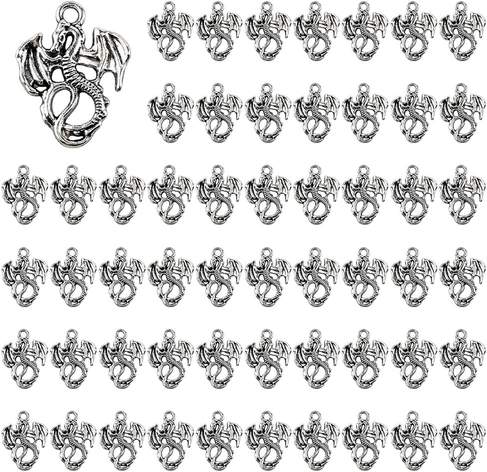 DICOSMETIC 80Pcs Dragon Charms Pendants Alloy Flying Dragon Charm Gothic Necklace Charms Antique Silver Tibetan Charm for Bracelet Necklace Earring Jewelry Making, 21x16mm