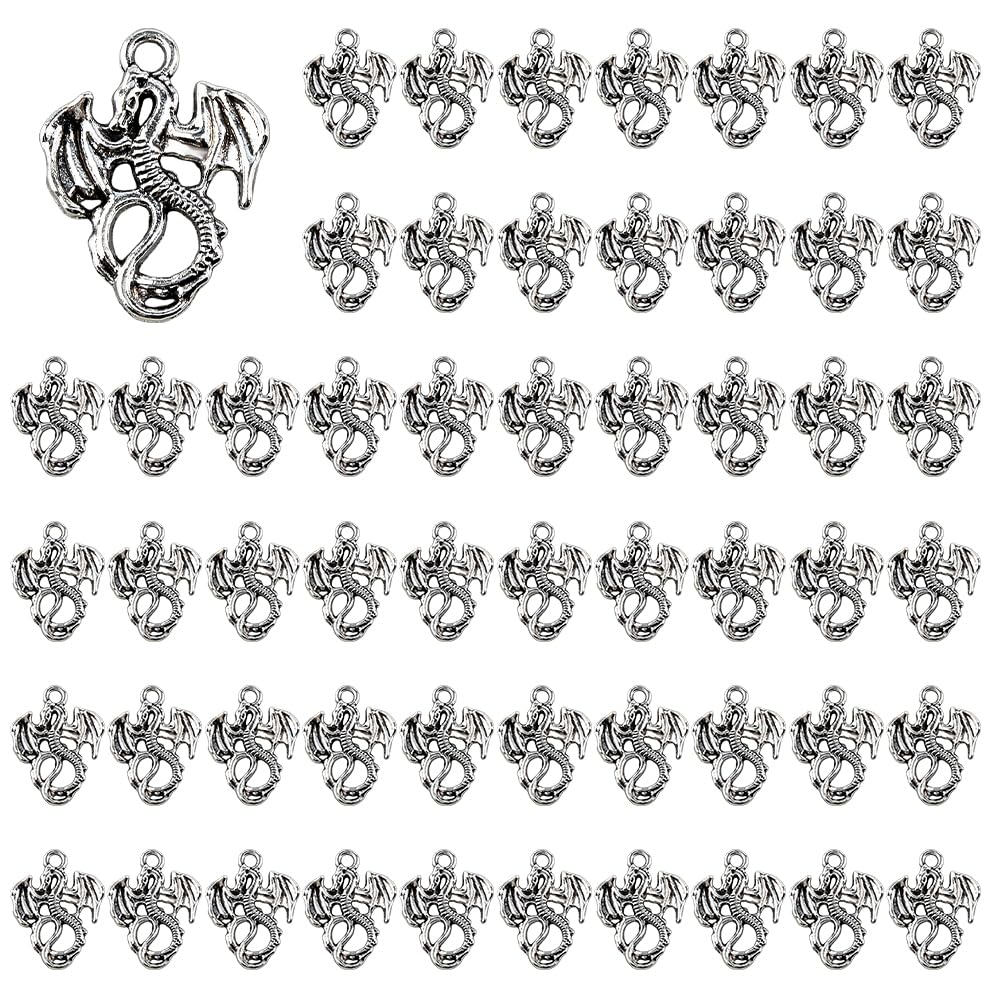 DICOSMETIC 80Pcs Dragon Charms Pendants Alloy Flying Dragon Charm Gothic Necklace Charms Antique Silver Tibetan Charm for Bracelet Necklace Earring Jewelry Making, 21x16mm