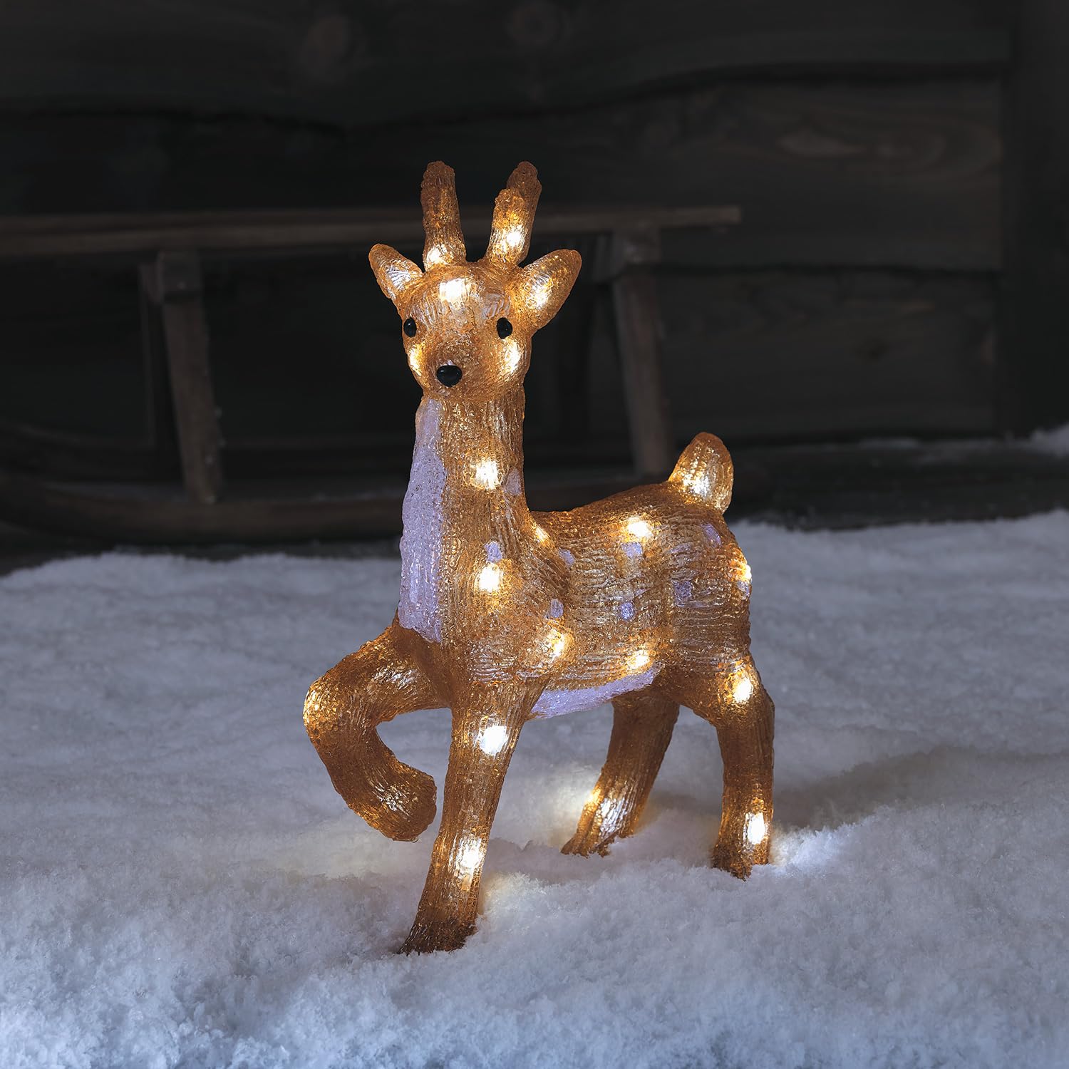 Lights4fun Ciervo Luminoso Reno de Navidad con 30 LED Blanco Cálido a Pilas y Temporizador Figura di Navidad en Acrílico de 36 cm Decoración Navideña Exterior