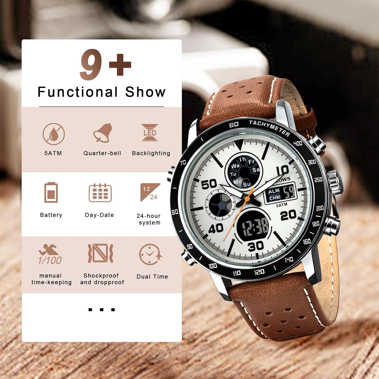 PINDOWS Watches for Men, 30M Waterproof Military Digital Analog Outdoor Sport Watch Multifunctional Wristwatch with Dual Time LED Backlight Alarm Stopwatch Calendar - Image 5
