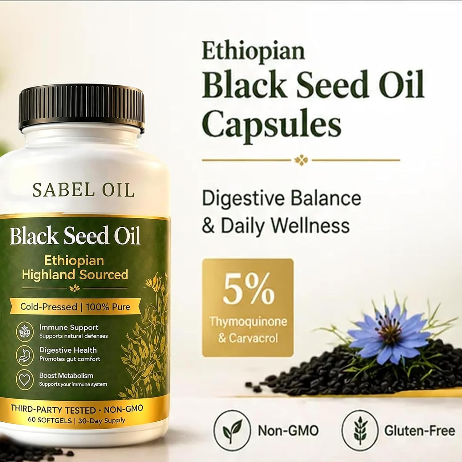 Ethiopian Black Seed Oil, 2026 Highland Cold-Pressed Black Seed Oil – 60 Count