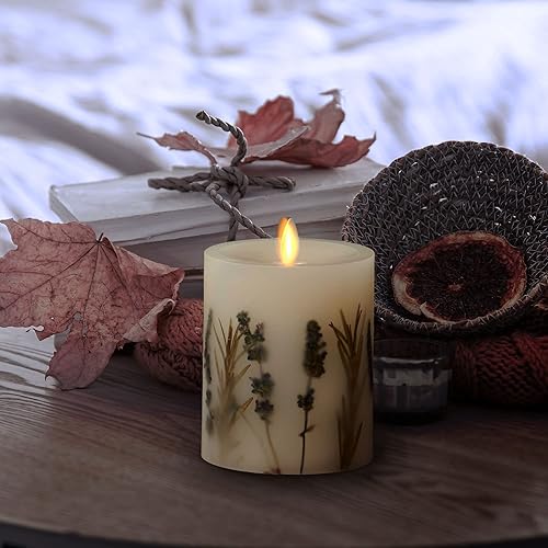 Miniatura 6 de Luminara Vela de pilar de llama móvil artificial realista con inclusión de lavanda y romero luces LED de llama móvil que funcionan con pilas listo