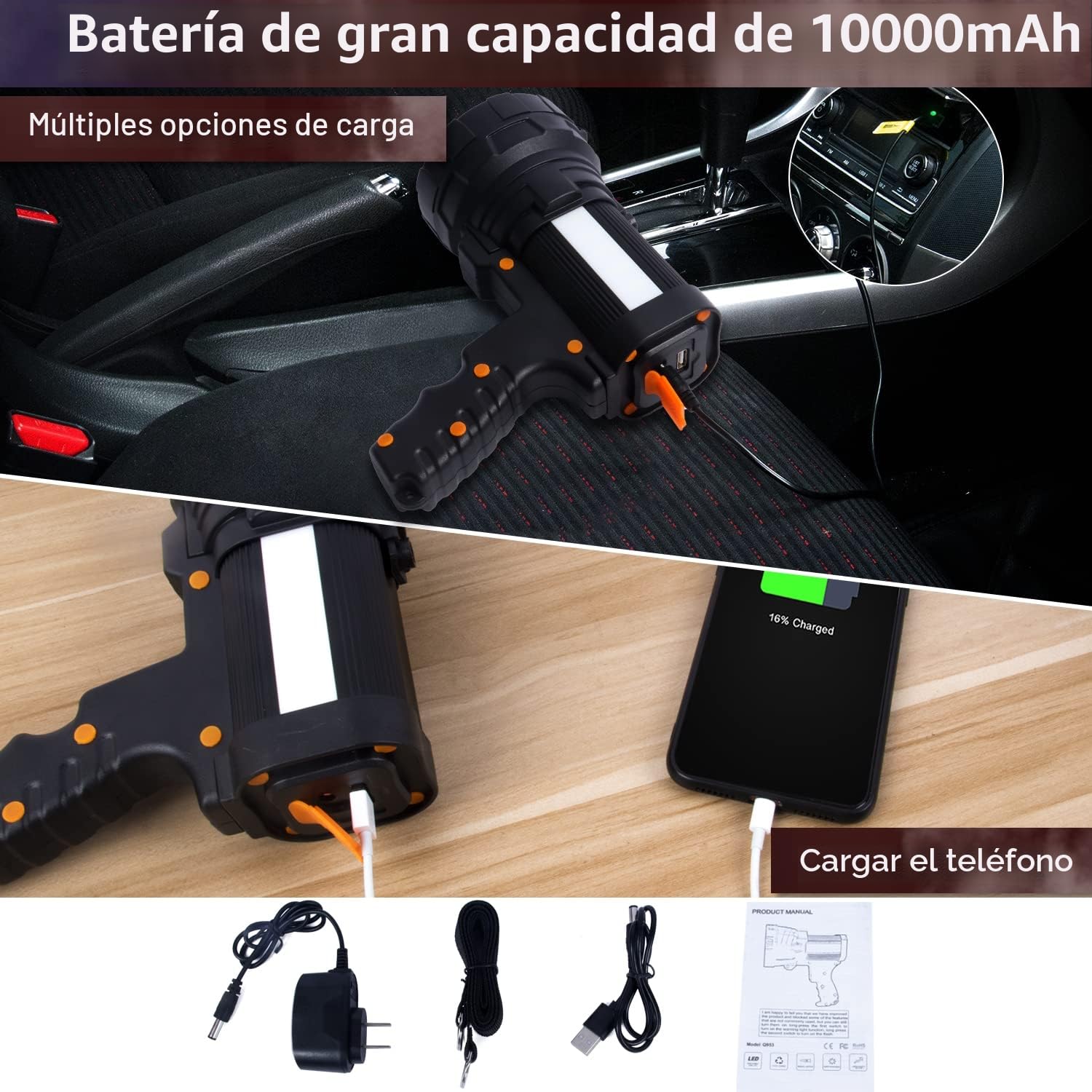 Linterna LED Alta Potencia,Linterna LED Recargable 3en1 15000 Lúmenes 10800mAh Super Brillante Impermeable IPX4 Foco Led Luz de Mano 6 Modes Reflector Portátil para Emergencia Camping Ciclismo Pesca
