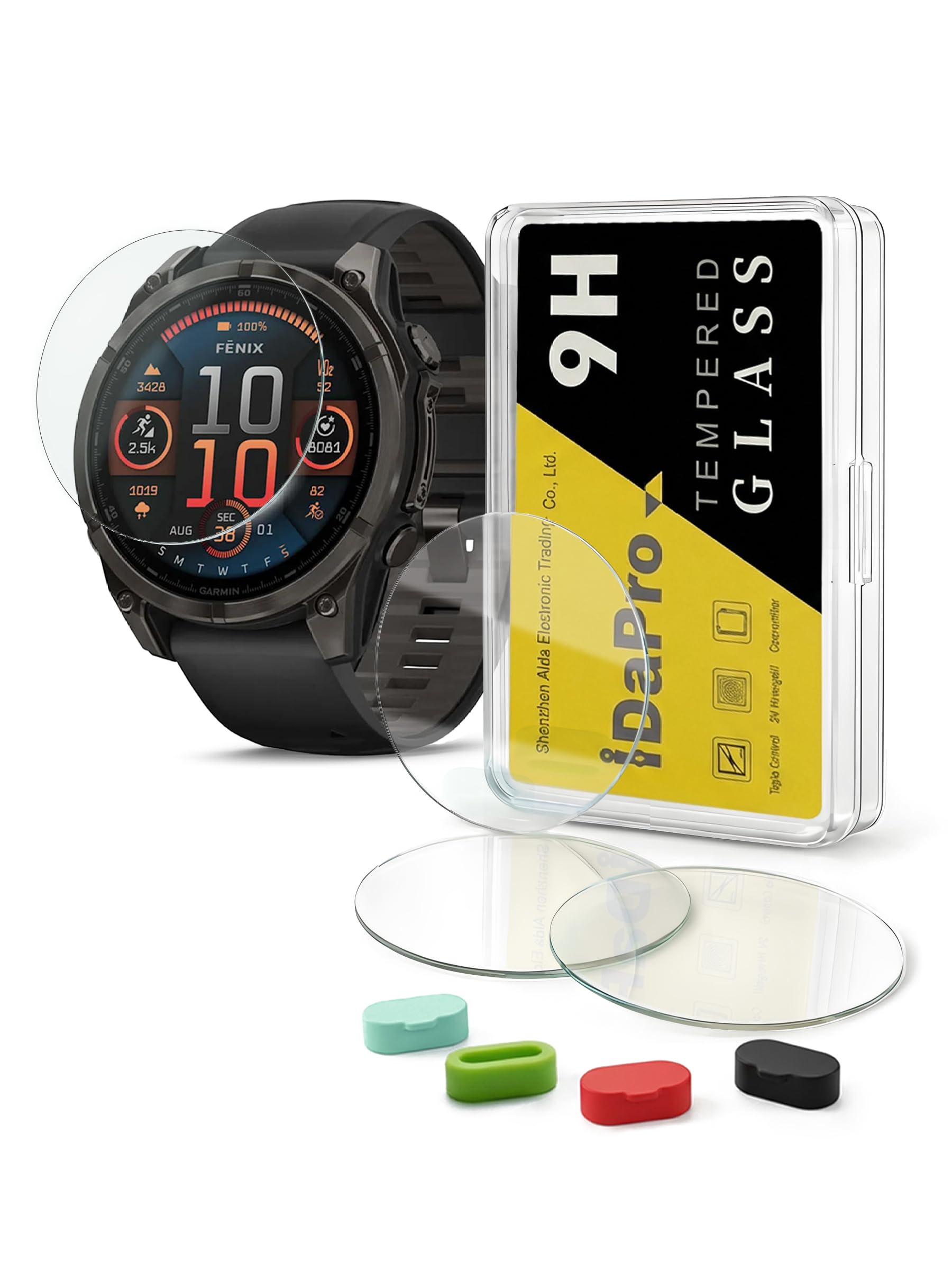 iDaPro [4Pcs Screen Protector for Garmin Fenix 8 AMOLED 47mm / Fenix 8 Solar 47mm+[4Pcs] Silicone Anti-dust Plugs,Tempered Glass,9H Hardness,Anti-Scratch,Anti-Bubble,Easy Installation