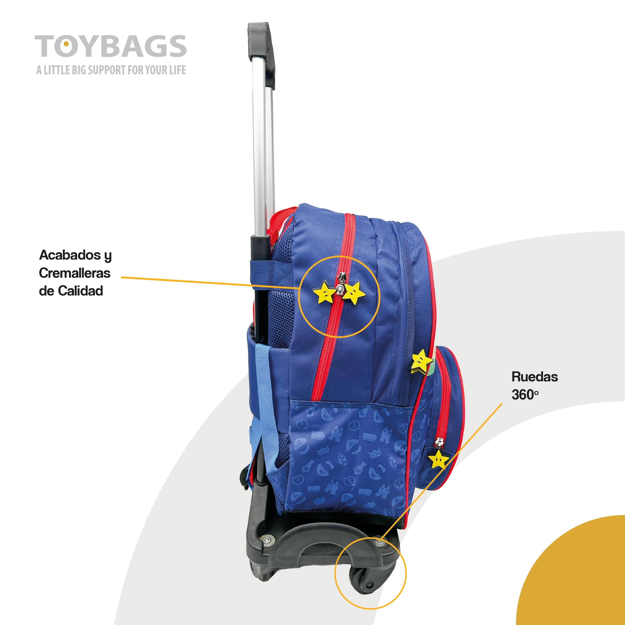 Mochila Escolar Super Mario - Doble Compartimento Adaptable + Carro Negro TOYBAGS con Proteccion Lateral Y STOPER Frontal Anti CAIDA 4 Ruedas giratorias - 45 X 32 X 20 CM