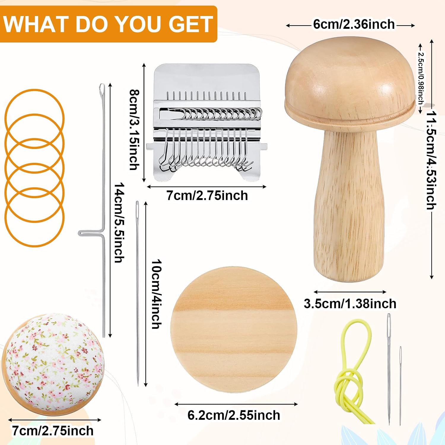 Mini Darning Mushroom for Socks Darner Kit Include 14 Hooks Small Weaving Darning Loom 12 Large Eye Needles 50 Colors Thread for DIY Handicrafts Home Sewing Care Weaving Repair Tool