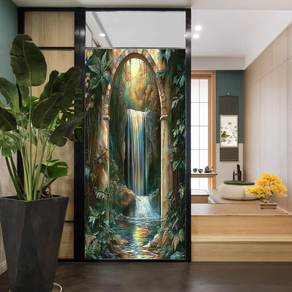 Vintage Waterfall Frosted Stained Glass Window Film - Mystic Forest Fantasy River Decorative Peel and Stick Adhesive Vinyl for Bathroom Privacy, Bedroom Home Decor, 27.6Wx39.4L inch