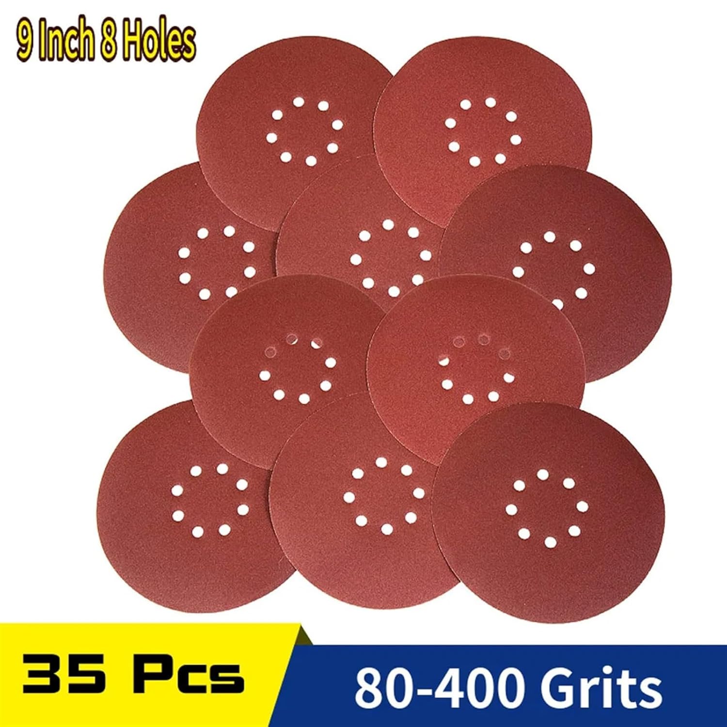 Sandpaper 9 Inch 8 Hole Hook Loop 80-400 Grits 225mm Abrasive Sanding Disc 35Pcs/Set(120)