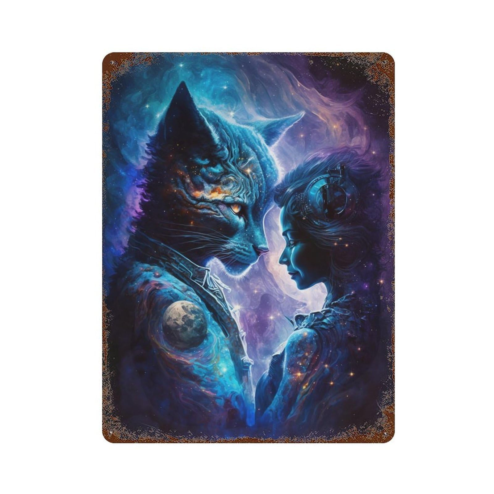 Galactic Cat And Woman Rustic Tin Plaque 15.7"x11.8", for Shed, Workshop And Garage Wall Decor, Farmhouse Wall Decor