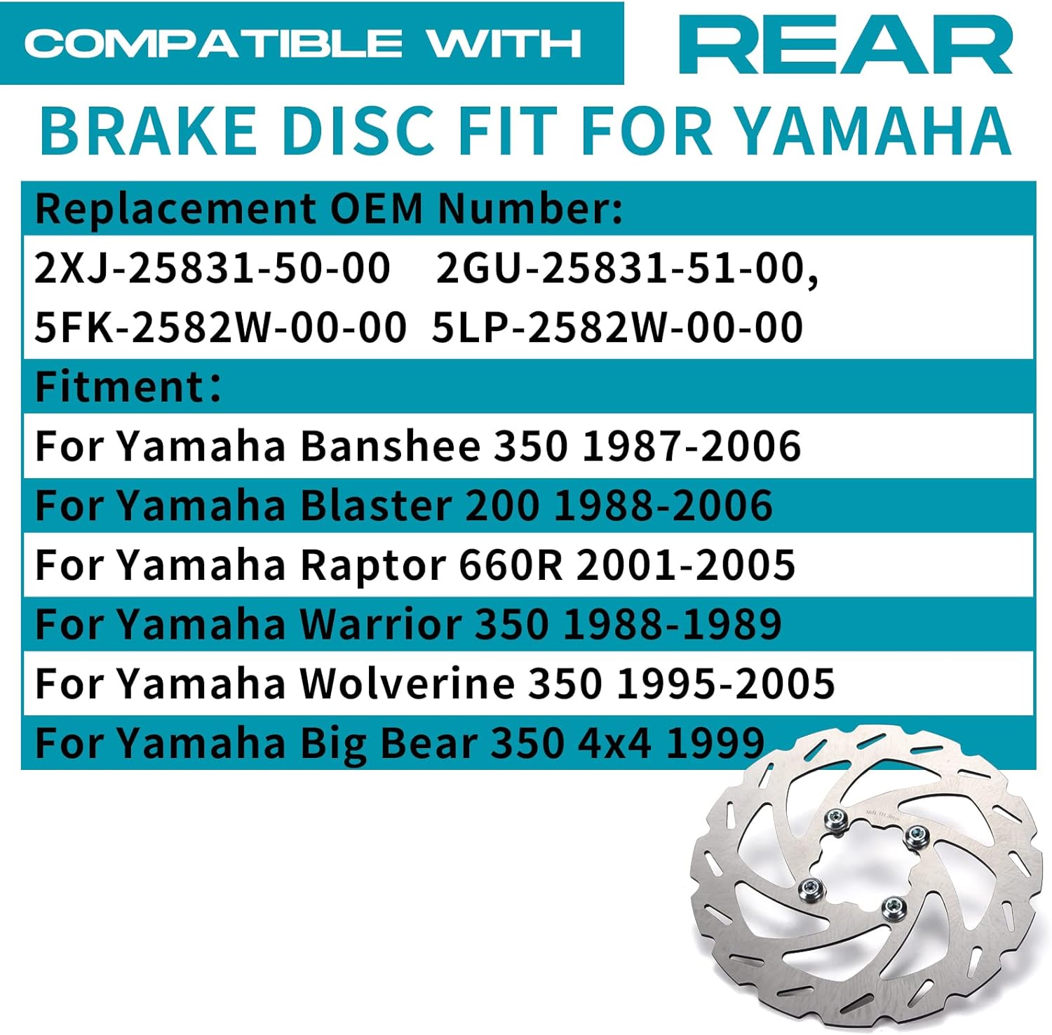 ATV Brake Rotor Rear Disc with Bolts for Yamaha Banshee 350 1987-2006,Big Bear 350 4x4 1999,Warrior 350 1988-1989,Wolverine 350 1995-2005,Raptor 660R 2001-2005,Blaster 200 1988-2006