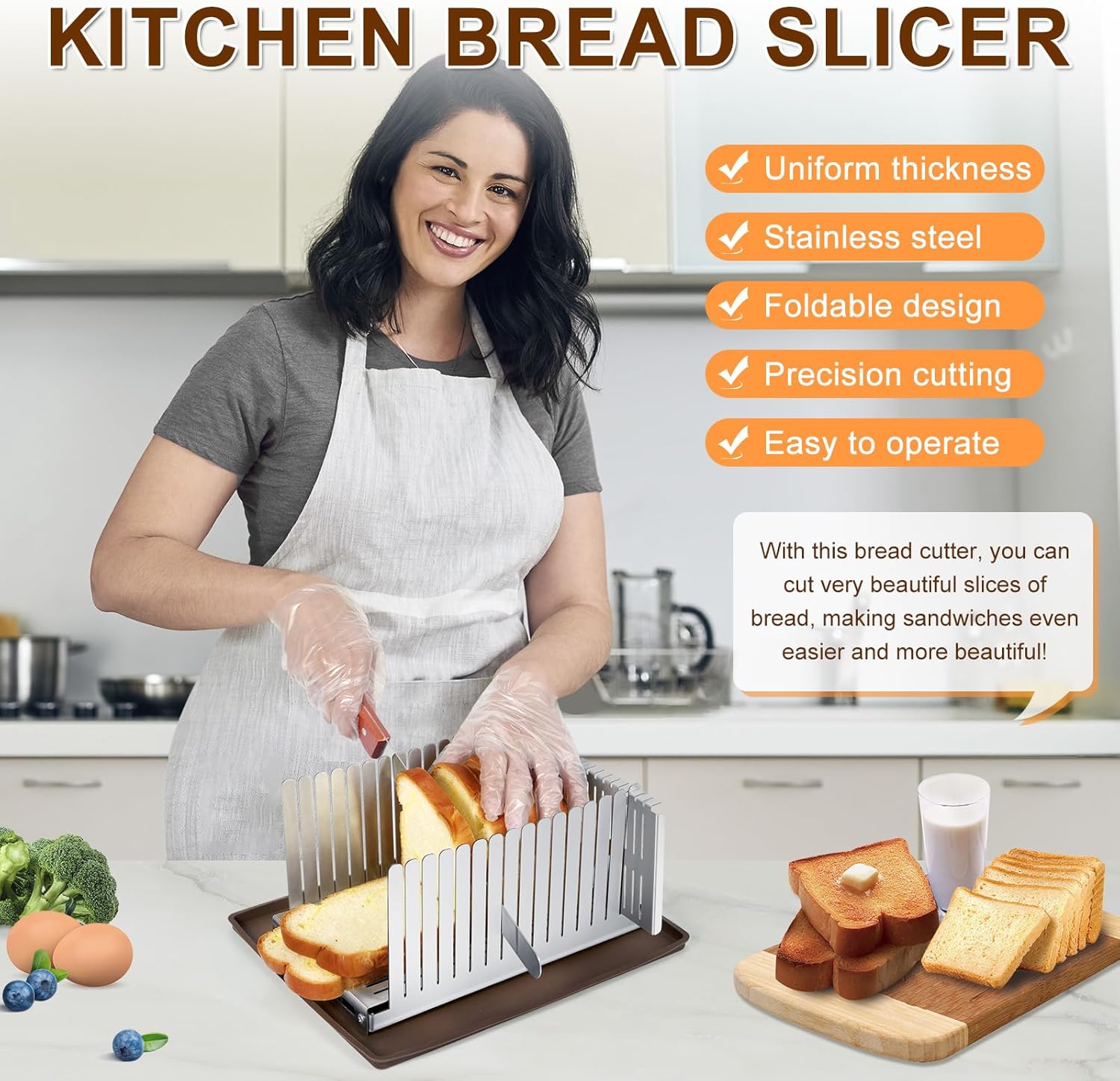 Stainless steel Bread Slicer for Homemade Bread, Bread Loaf Slicer,Bread Slicing Guide,Adjustable Width, Foldable Compact,for Bagels,Cakes,fruits,thickness 0.5",width Size: 5.5"-8.3" (Green)