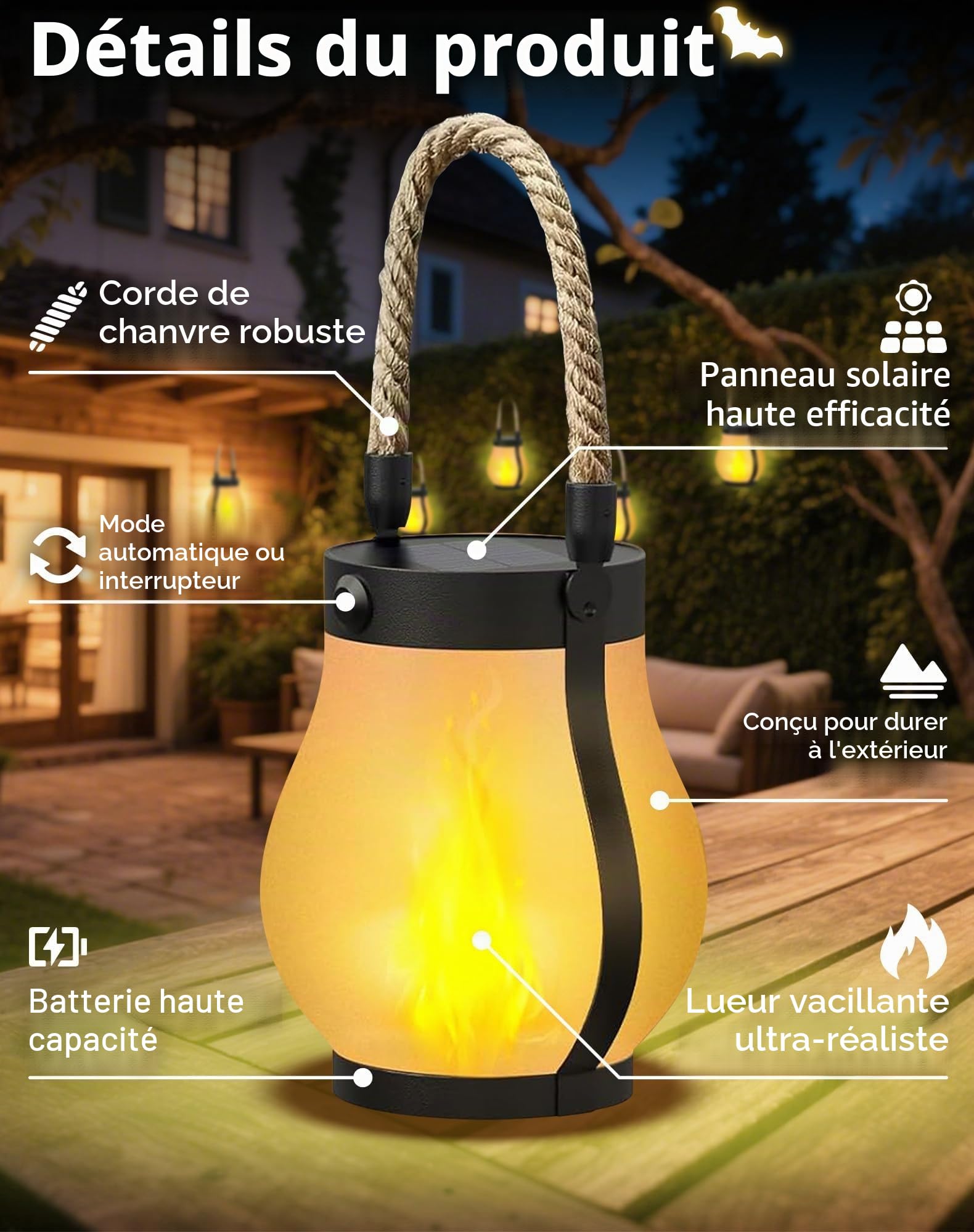 Solar Lantern Lights Outdoor - 4pcs Flicking Flame LED, Lanternes suspendues imperméables pour patio, jardin, camping 3pcs