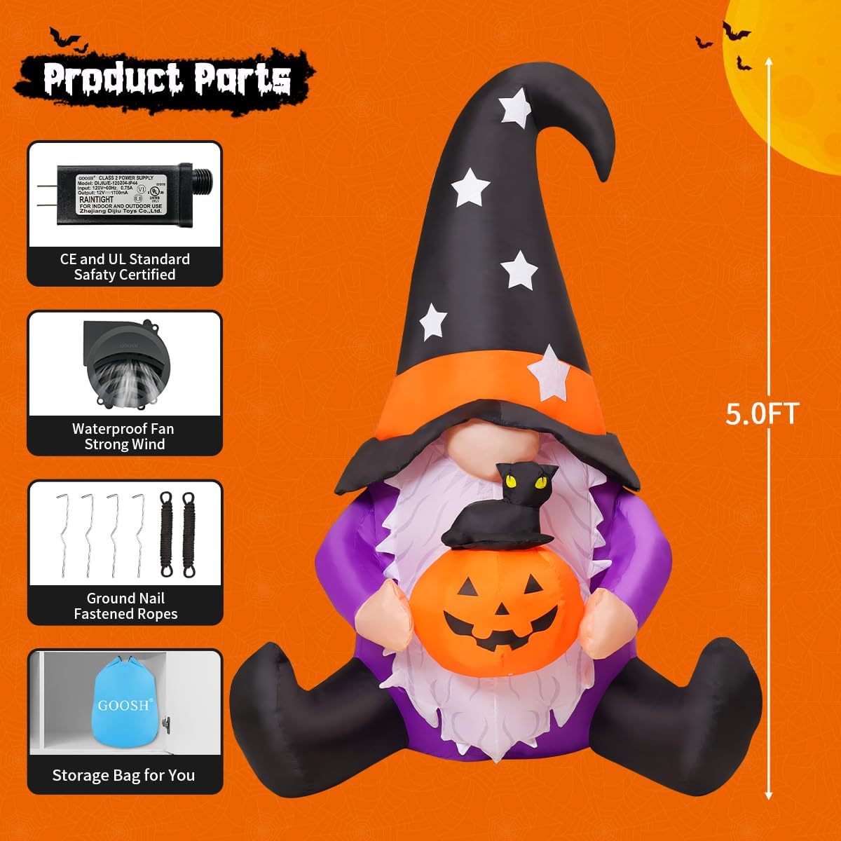 GOOSH 5 FT Halloween Gnomes Inflatables Outdoor Decorations, Gnome with Pumpkin Blow Up Yard Decorations Built-in LED Lights for Halloween Outdoor Decoration