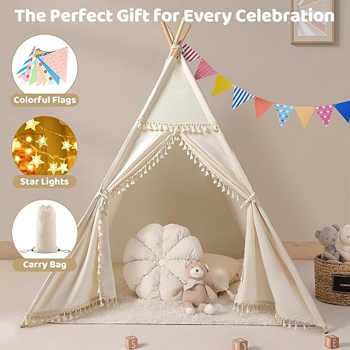Vista 3 de Sumbababy Tienda de campaña tipi para niños, casa de juegos de lona natural con flecos, tela lavable, tienda de campaña Tipi, incluye bolsa