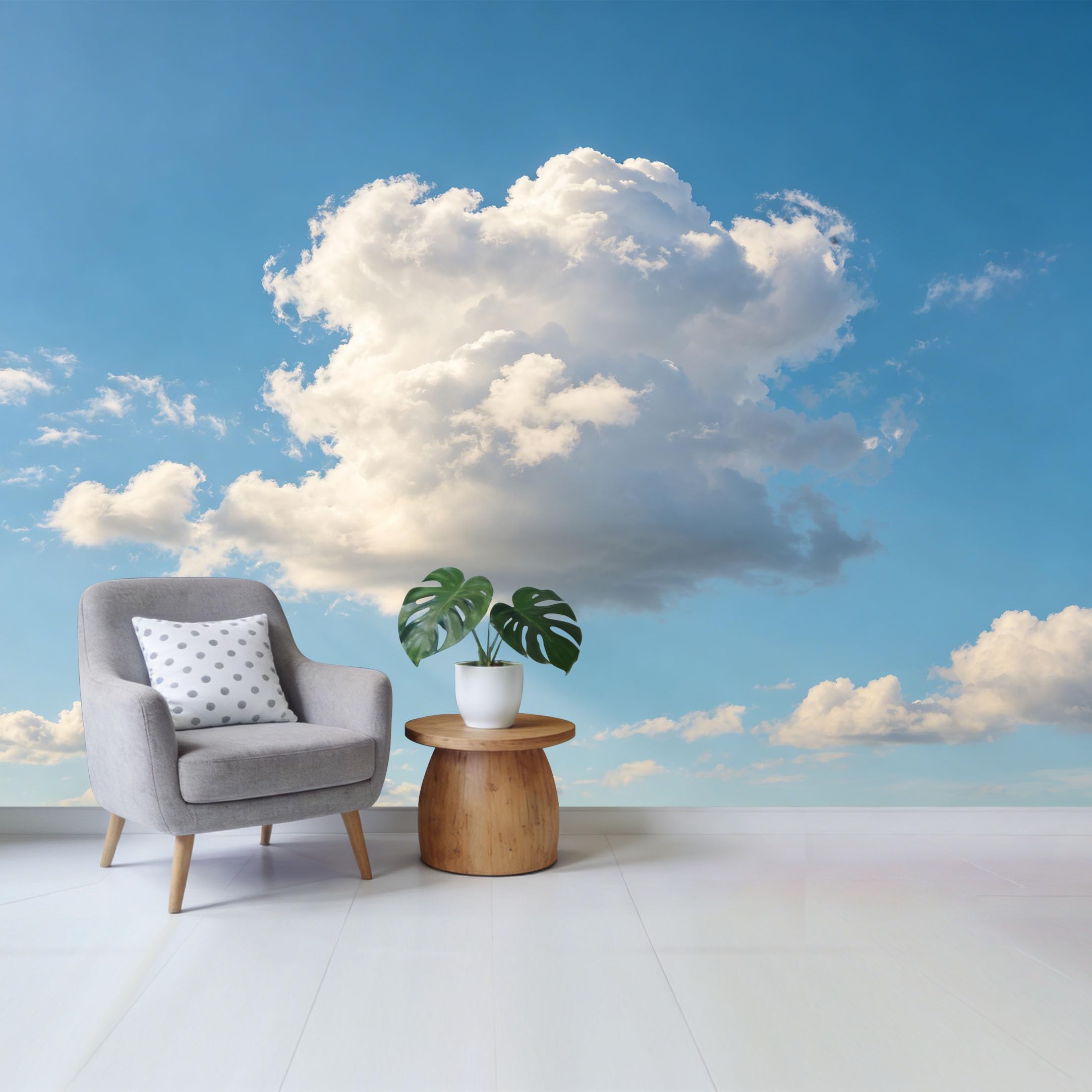Custom Size Wall Mural Fluffy White Clouds Blue Sky Landscape Minimalist Removable Self Adhesive Fabric， Home Wall Decor for Living Room Bedroom Bathroom