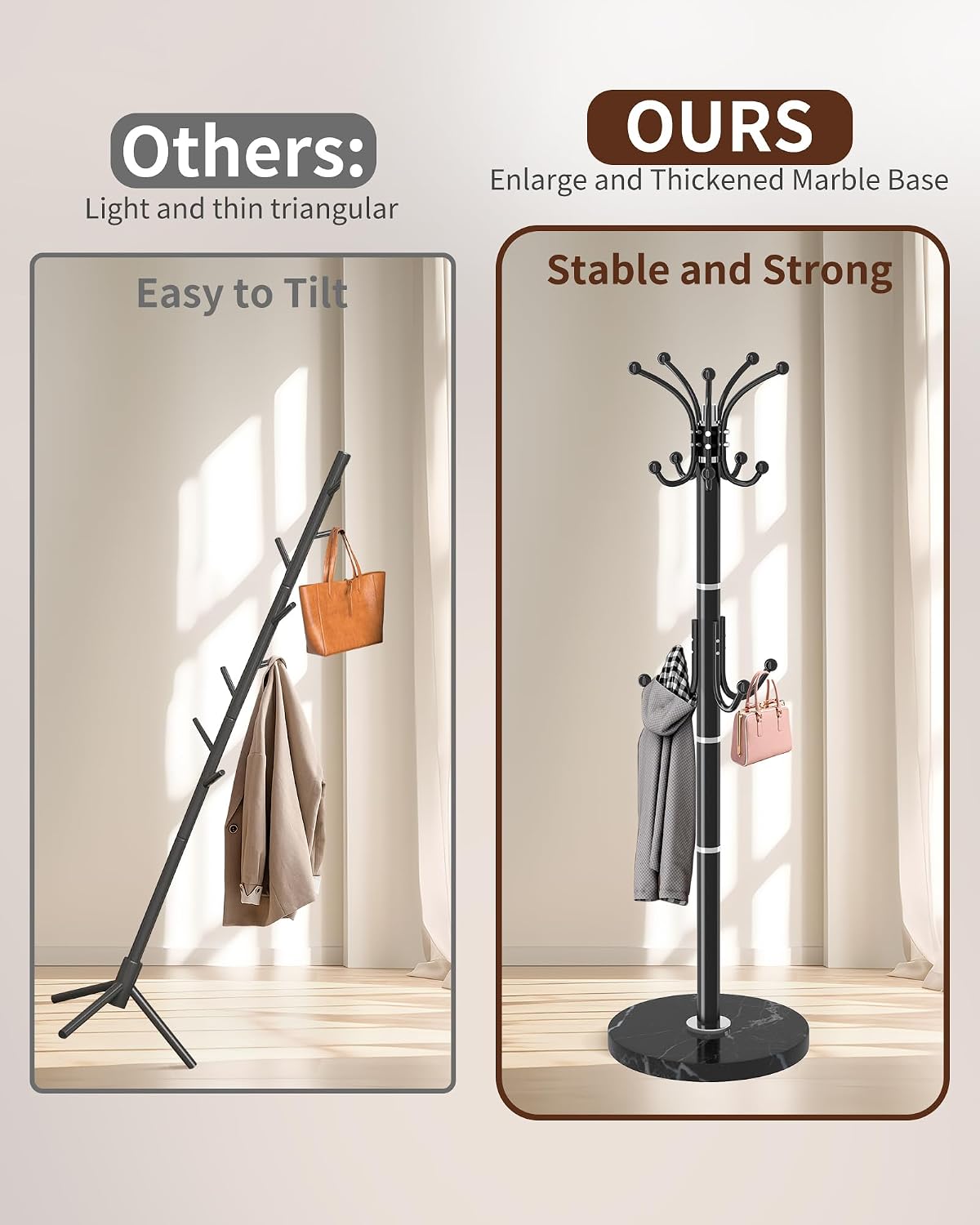 Snaikor Metal Coat Rack Stand with Natural Marble Base, Modern Coat Rack Freestanding, 360°Rotary Coat Racks with 14 Hooks, Black Coat Stand Hall Tree Hanger Stand for Entryway, Office，Corner