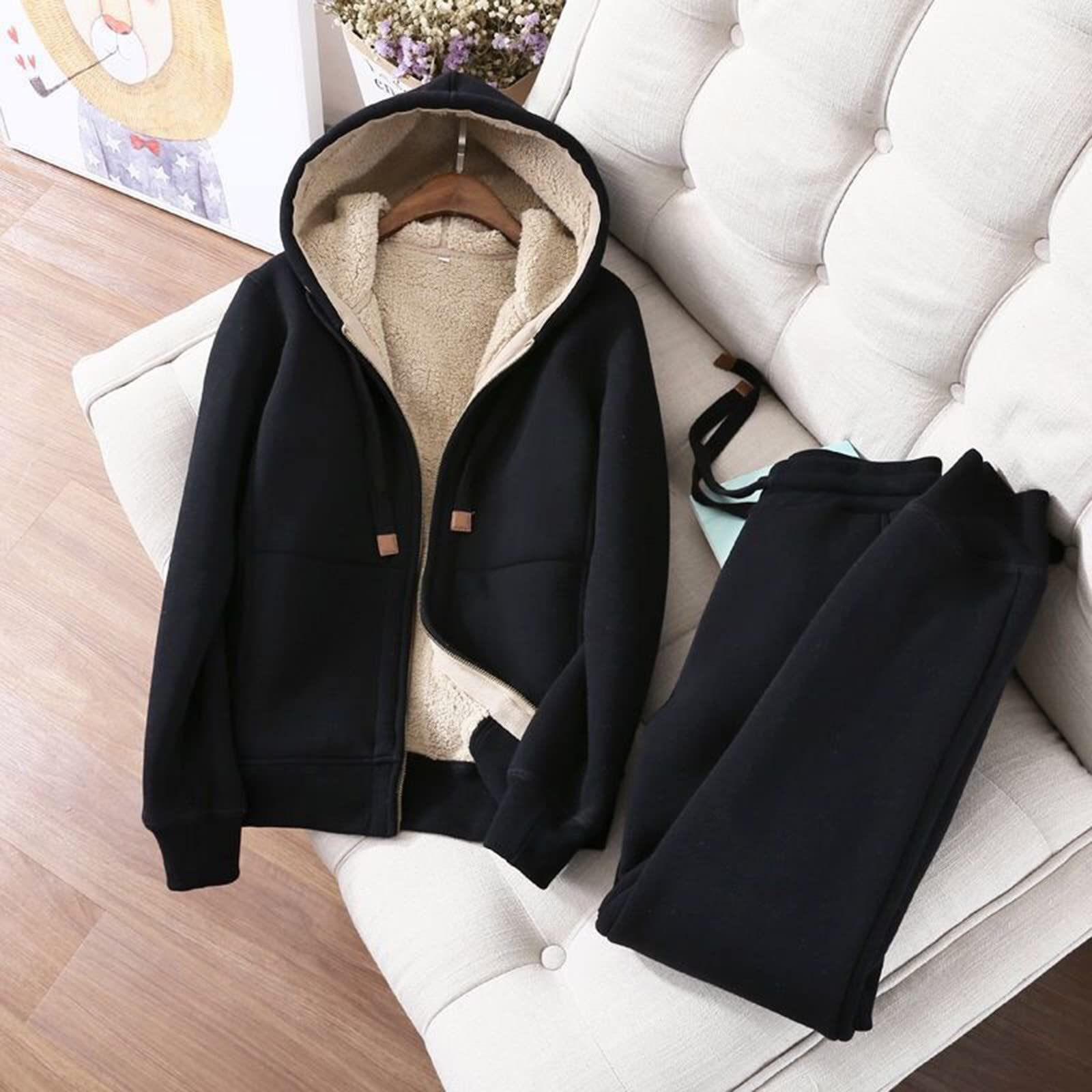 Survêtement pour femme avec fermeture éclair - Ensemble de jogging d'hiver en peluche - 2 pièces - Doublure chaude - Veste à capuche et pantalon de sport - Survêtement de sport surdimensionné