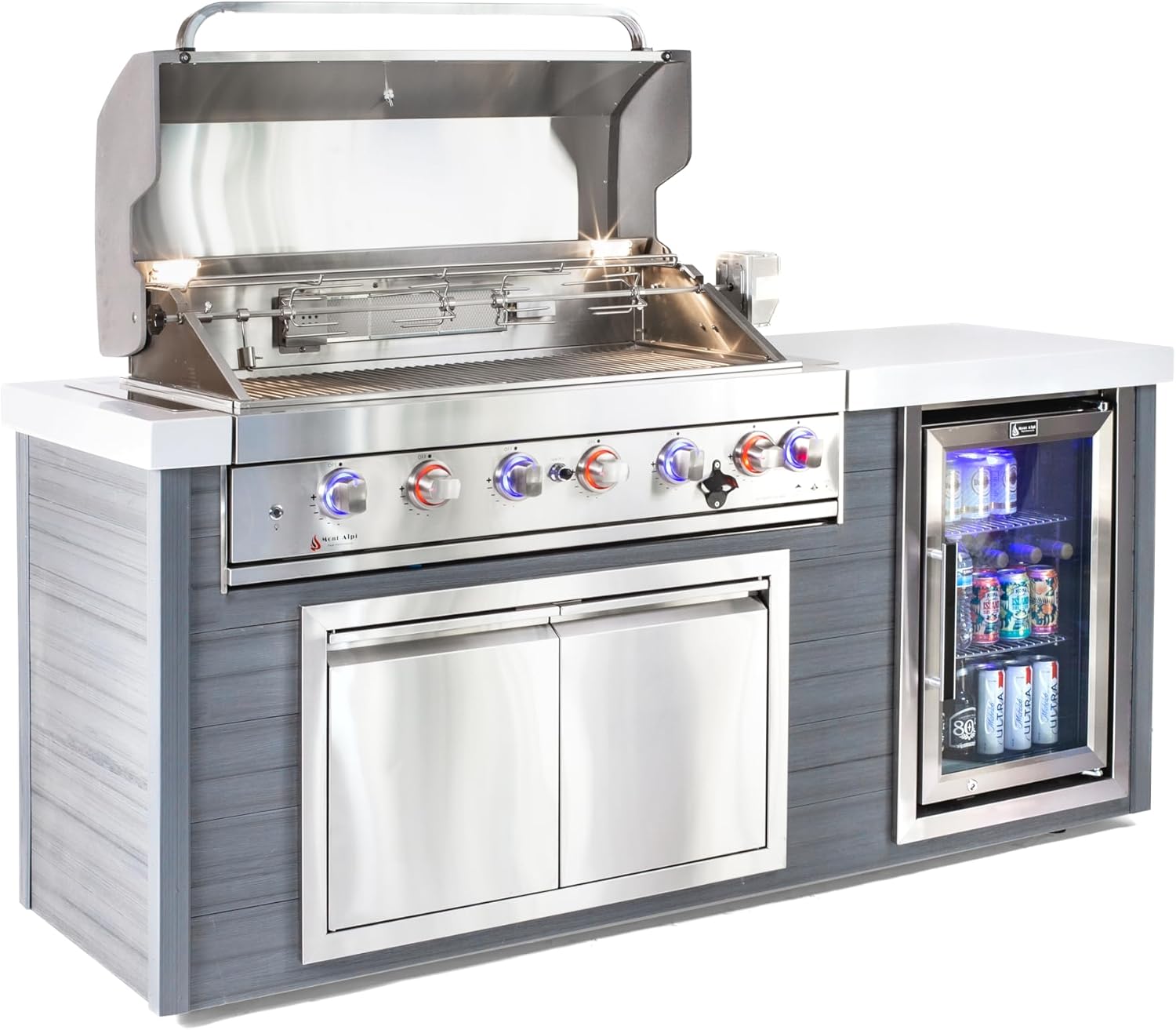 Mont Alpi MA805-AW Outdoor Kitchen Island with grill hood open, showing burners and rotisserie