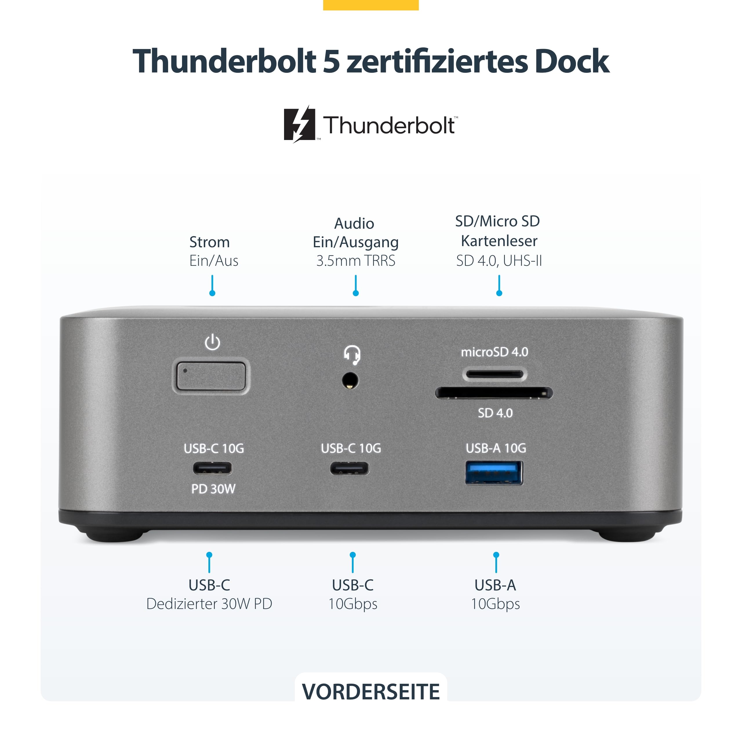 StarTech Thunderbolt 5 USB4 Dock, Dreifach 4K 144Hz, Dual 8K 60Hz, 140W PD | Dual 6K 60Hz für Mac, 120Gbit/s, Windows, macOS, 30W Handy, USB 10Gbit/s, 2.5GbE, SD 4.0