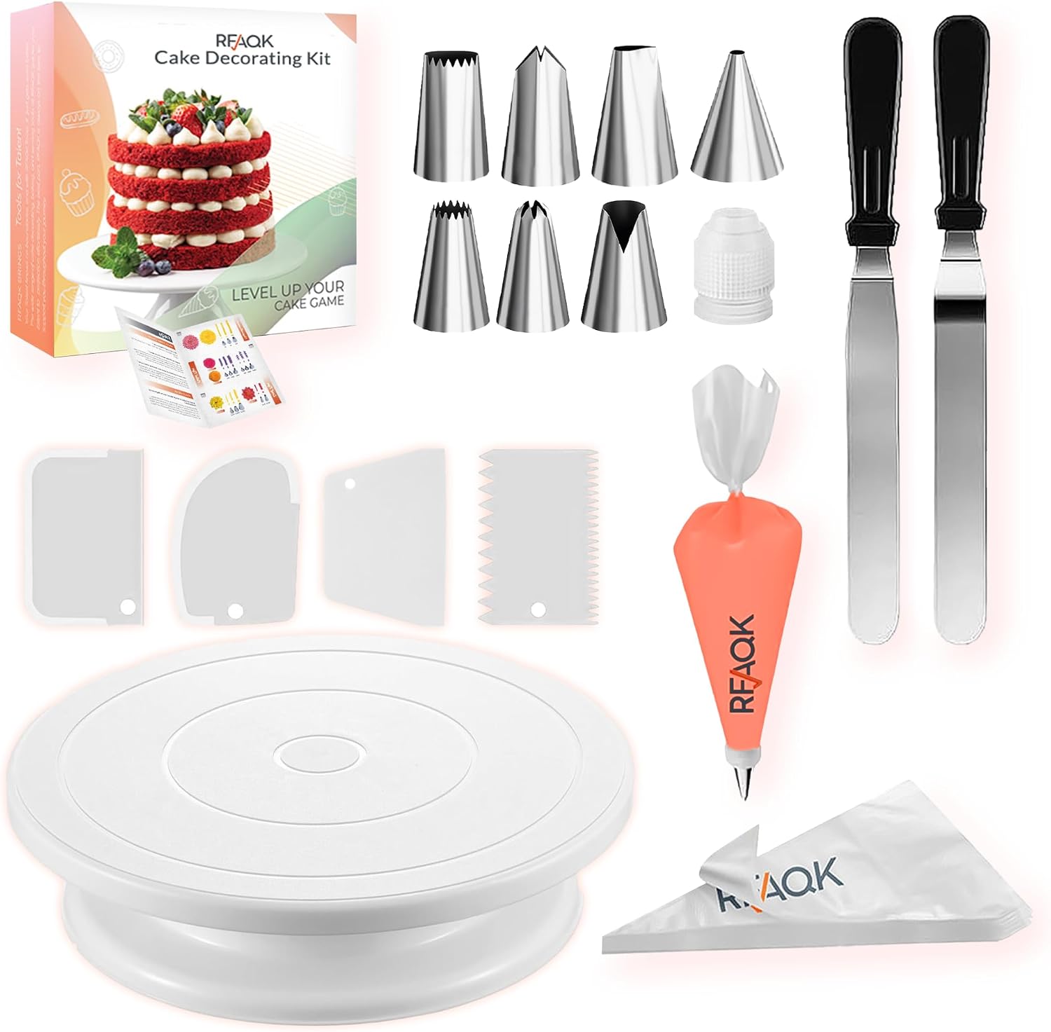 RFAQK 35PCs Cake Turntable and Leveler-Rotating Cake Stand with Non Slip pad-7 Icing Tips and 20 Bags- Straight & Offset Spatula-3 Scraper Set -EBook-Cake Decorating Supplies Kit -Baking Tools | 11" Cake Decorating Turntable, 2 Cake Spatula, 20 Icing Bags, 4 Cake Scraper, 7 Piping Tips, Coupler