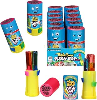 Push Pop Triple Power Halloween Candy Lollipops Three-In-One, 12Ct Bulk Individually Wrapped, Assorted Flavors, Full Size Hard Candy, Birthday Party Favors, Trick or Treat, Halloween Bowls, Kids Gifts