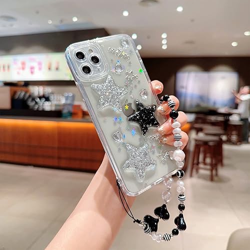 Miniatura 3 de Compatible con iPhone 11 Pro Max - Funda transparente con diseño de estrella con purpurina de perlas en 3D y pulsera de perlas, diseño de cadena