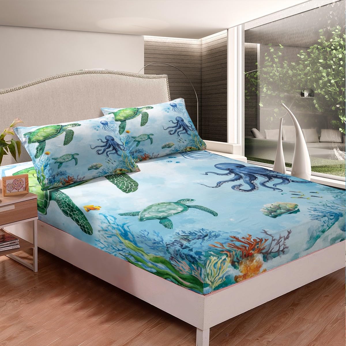 Erosebridal Queen Tortoise Fitted Sheet for Boys, Sea Turtle Bed Sheets Octopus Underwater World Bedding Set for Kids Teens Adult Room Decor, Coastal Creatures Sheets with 2 Pillow Cases