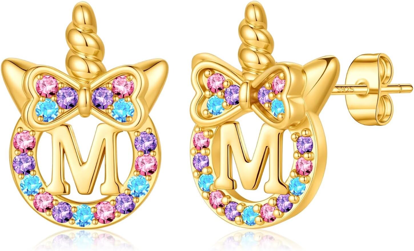 MONOOC Unicorn Gifts for Kids Girls - Unicorn Earrings for Girls Gifts, S925 Sterling Silver Post Hypoallergenic Initial Earring CZ Unicorns Stud Earrings Birthday Gift for Girl Kids Jewelry