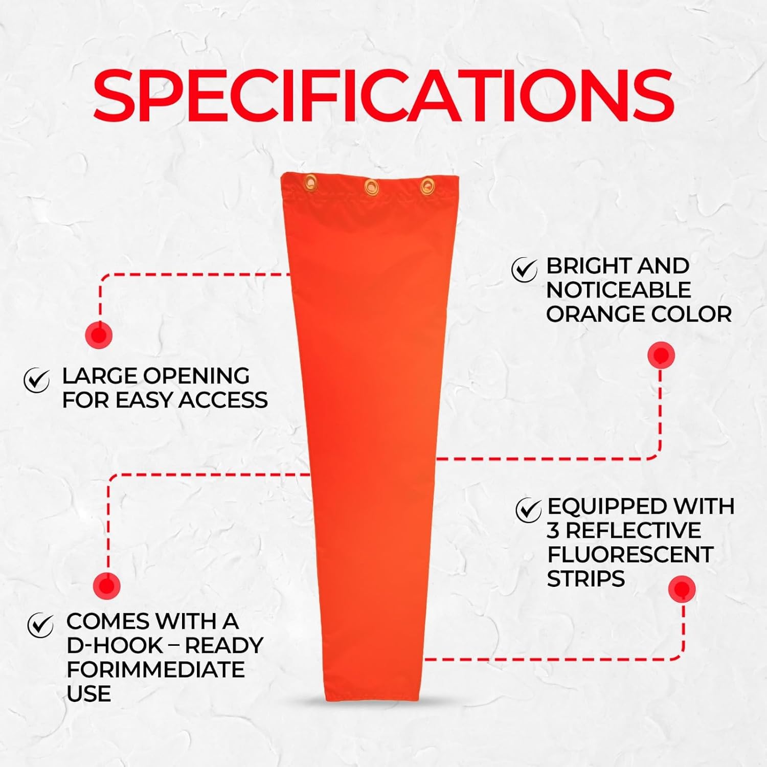 8" Diameter x 42" Long Heavy-Duty Nylon Windsock – UV & Weather Resistant – Ideal for Airport Runways, Helipads, Oil Rigs, and Industrial Sites – Durable Polyurethane Coated Fabric - Metal Frame not Included
