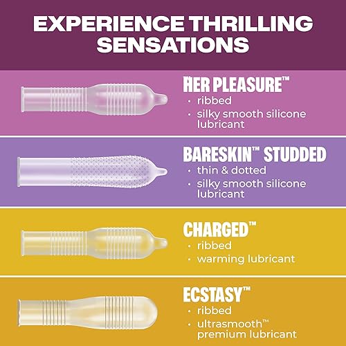 Miniatura 3 de Trojan Paquete de Placer, Condones de Látex Lubricados Surtidos para Hombres, Her Pleasure, Bareskin Studded, Ecstasy y Variedades Charged, 12