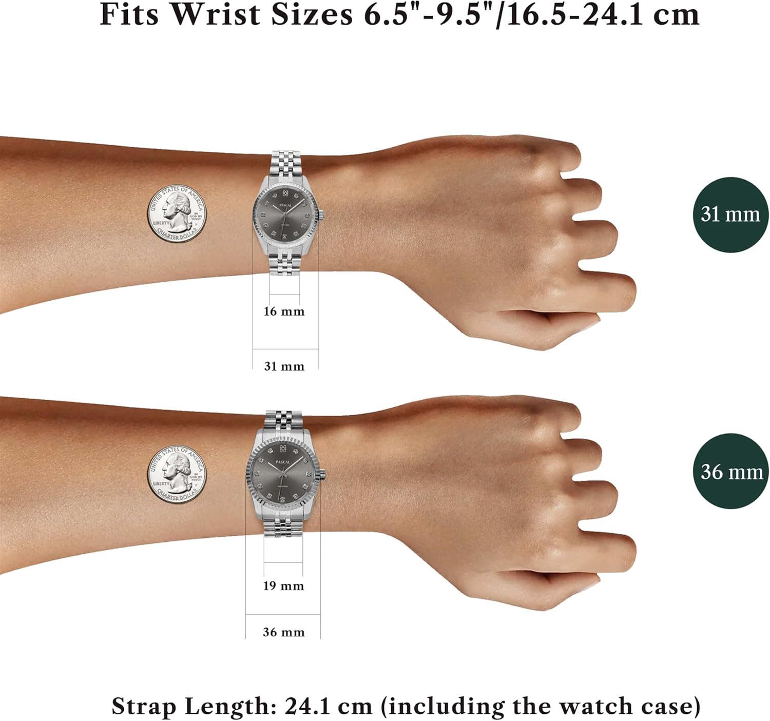 PASCAL Timeless Classic Diamond Watch for Men Women– Swiss Quartz Watch with Lab-Grown Diamonds, Sapphire Crystal, Elegant Dress Watch Gift,10 ATM Water Resistant, Fits 6.5"-9.5" Wrists
