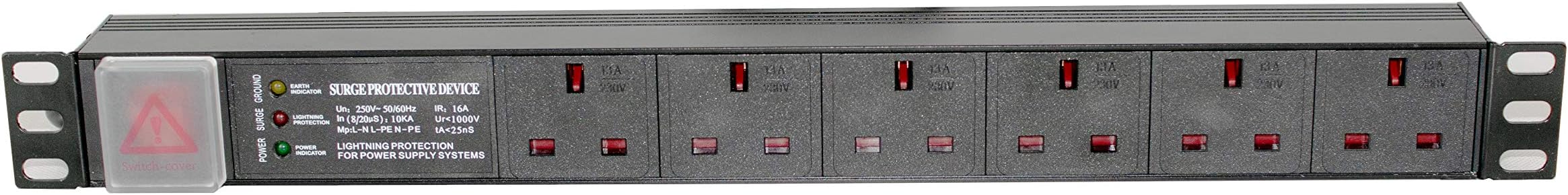 IONZ 6-Way Horizontal 13A Switched 19-Inch Standardised Power Distribution Unit (Surge Protected with 3 LED)