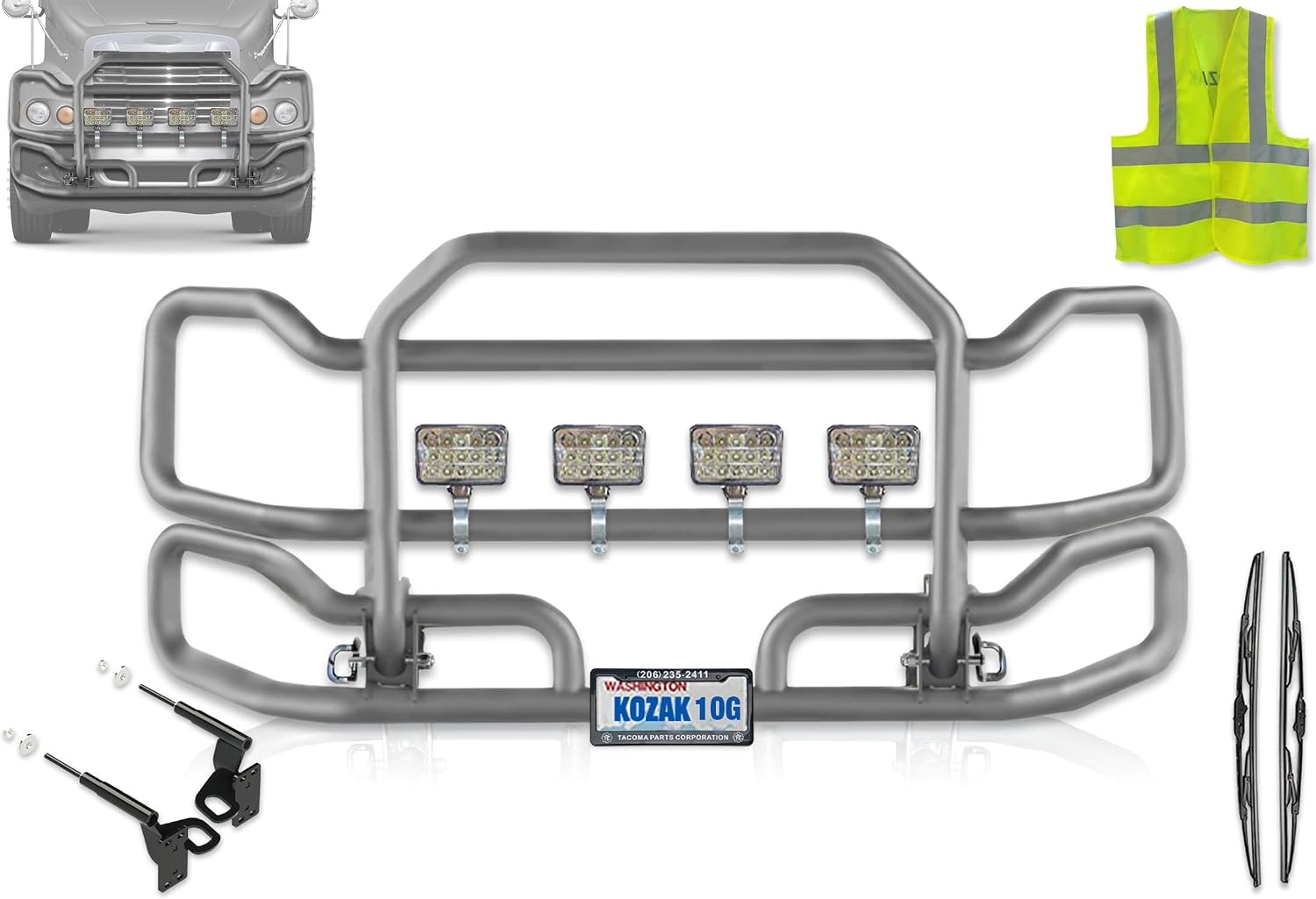 Front Gray Grille Deer Moose Brush Bumper Guard Large Compatible with Freightliner Century PLUS Bracket, Logo, 4x 6" Square LED Headlights, Wipers, License Plate Holder and Frame, Vest