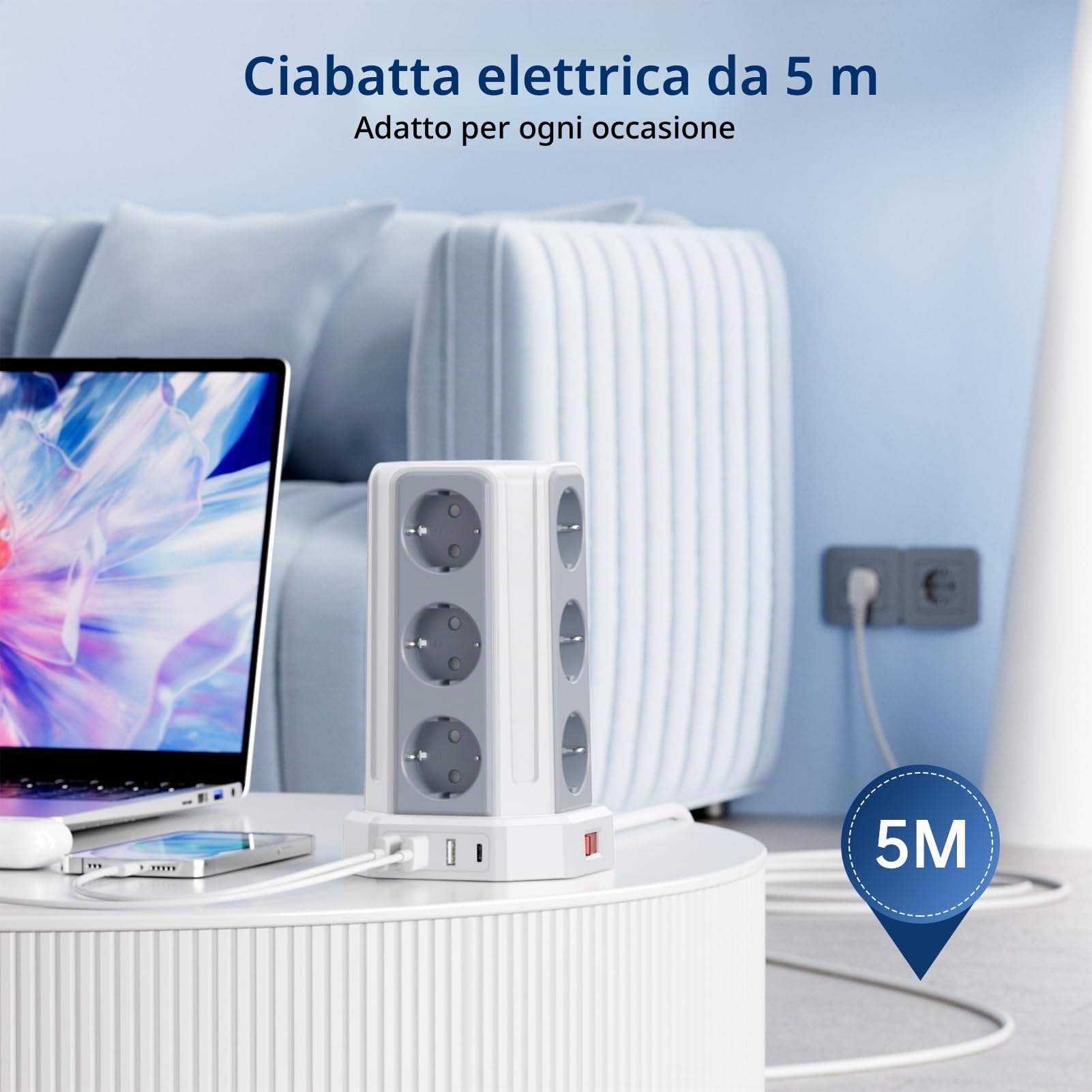 Sameriver, Ciabatta multipla con interruttore, 12 prese, con 3 USB A+1 USB C, ciabatta con cavo di prolunga da 5 m, protezione da sovratensione per casa, ufficio F (Schuko)