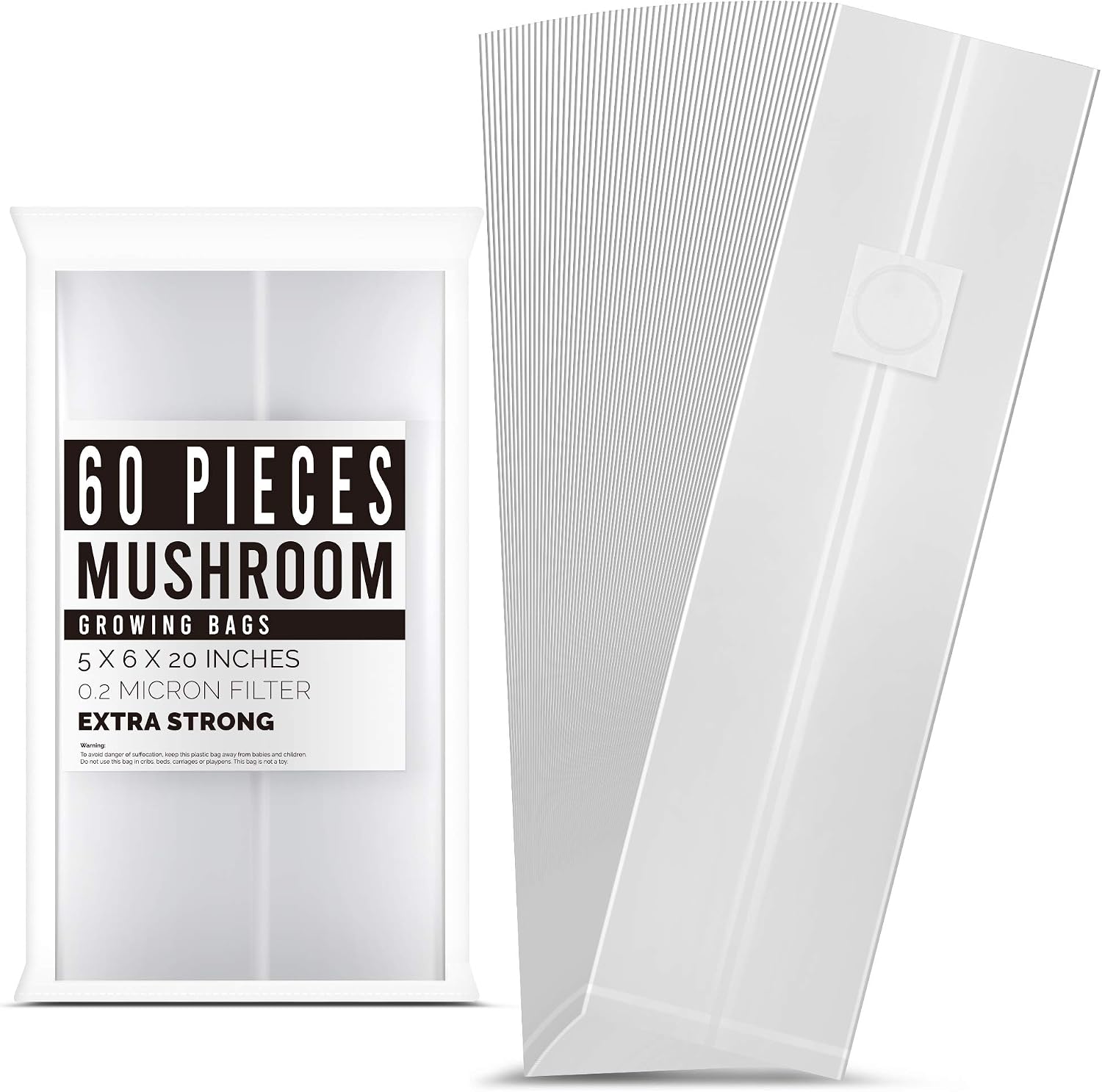 LOSTRONAUT 60-Pack Mushroom Grow Bags - Extra Strong, Large Autoclave Bags with 2 Micron Fiber for Spawn, CO2 Control, Cultivation Kit & Gardening Supplies - Mushroom Growing Kit