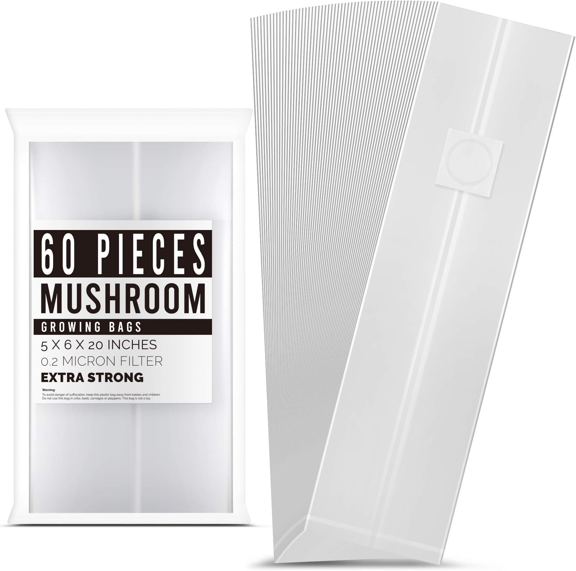 LOSTRONAUT 60-Pack Mushroom Grow Bags | Extra Strong Large Size Breathable Autoclavable Spawn CO2 Bag for Growing Mushrooms | Tear-Proof 6'' x 5'' x 20''.2 Micron Filter, 4.8mil