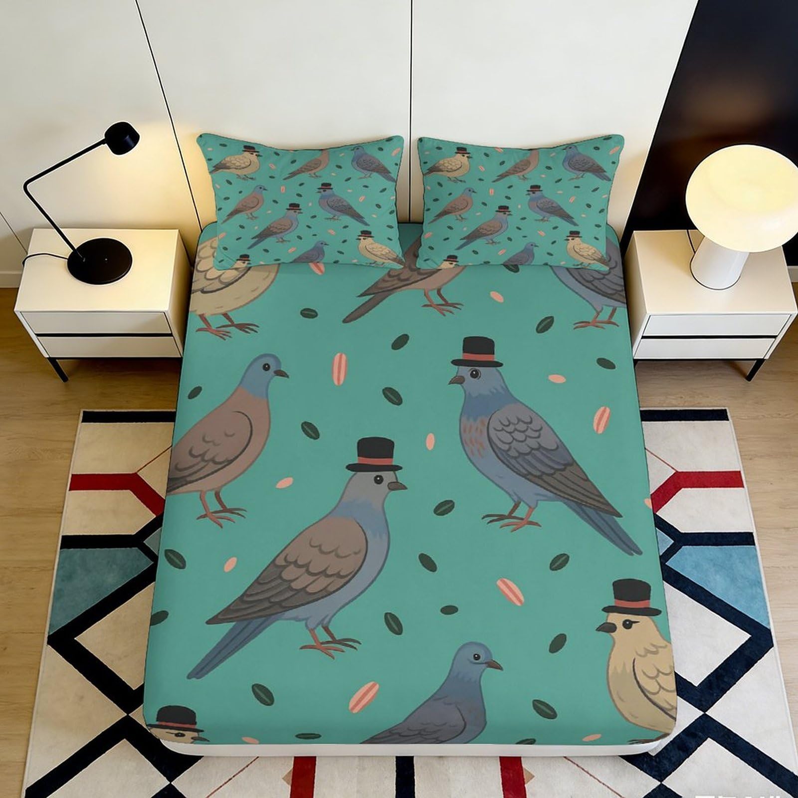 3D Printed Dapper Pigeon Fitted Sheet Microfiber Soft Green Bird Bed Cover Anti-Slip Easy Care for Bedroom Guestroom 90x200x25cm