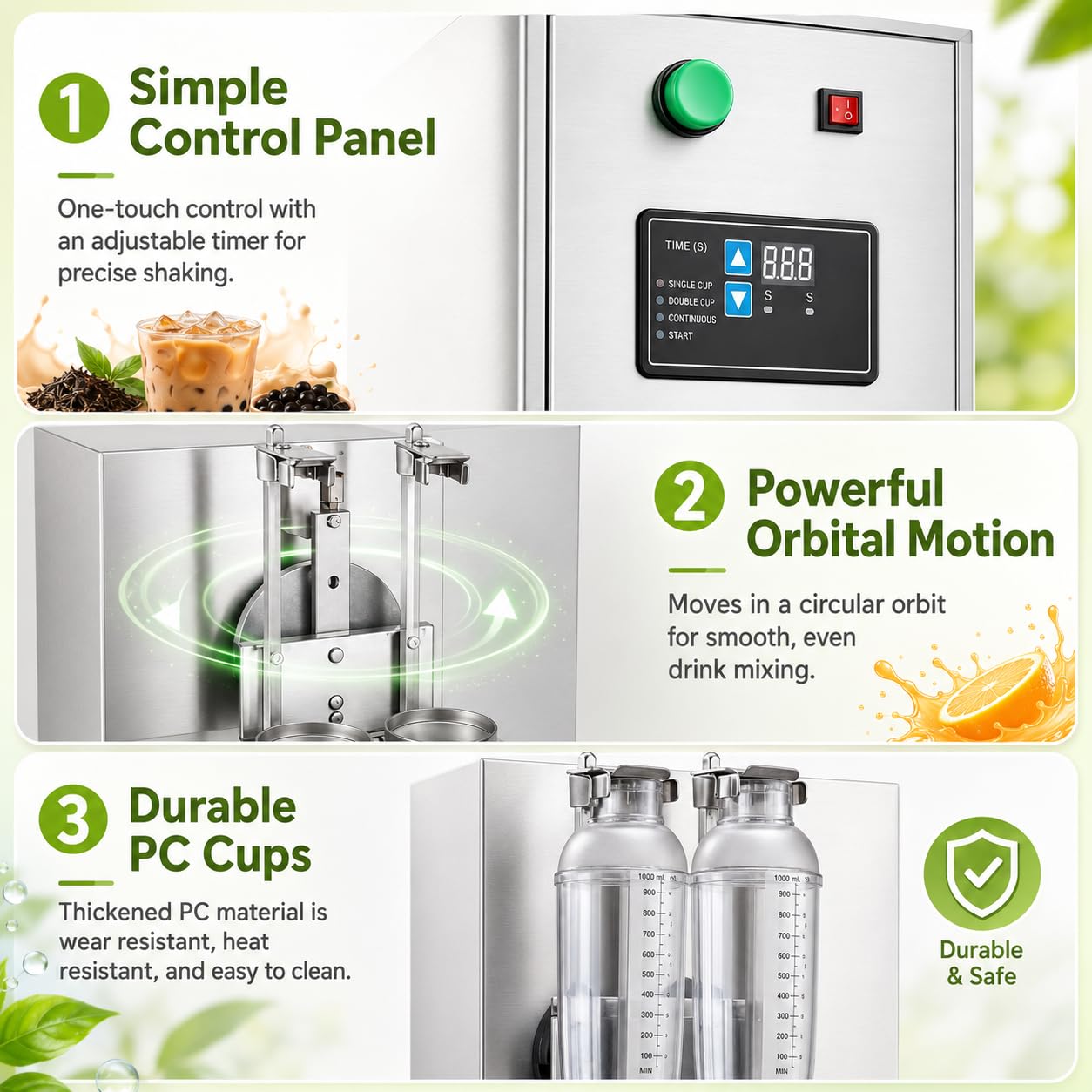 Shaker Eléctrico para Cócteles 120W, Doble Vaso, Temporizador | 340 rpm; Inox; Soportes 350–1000 ml; Inicio Rápido; Parada de Emergencia; Base Lastrada; Incluye 2 Vasos Shaker; Cóctel, Bar