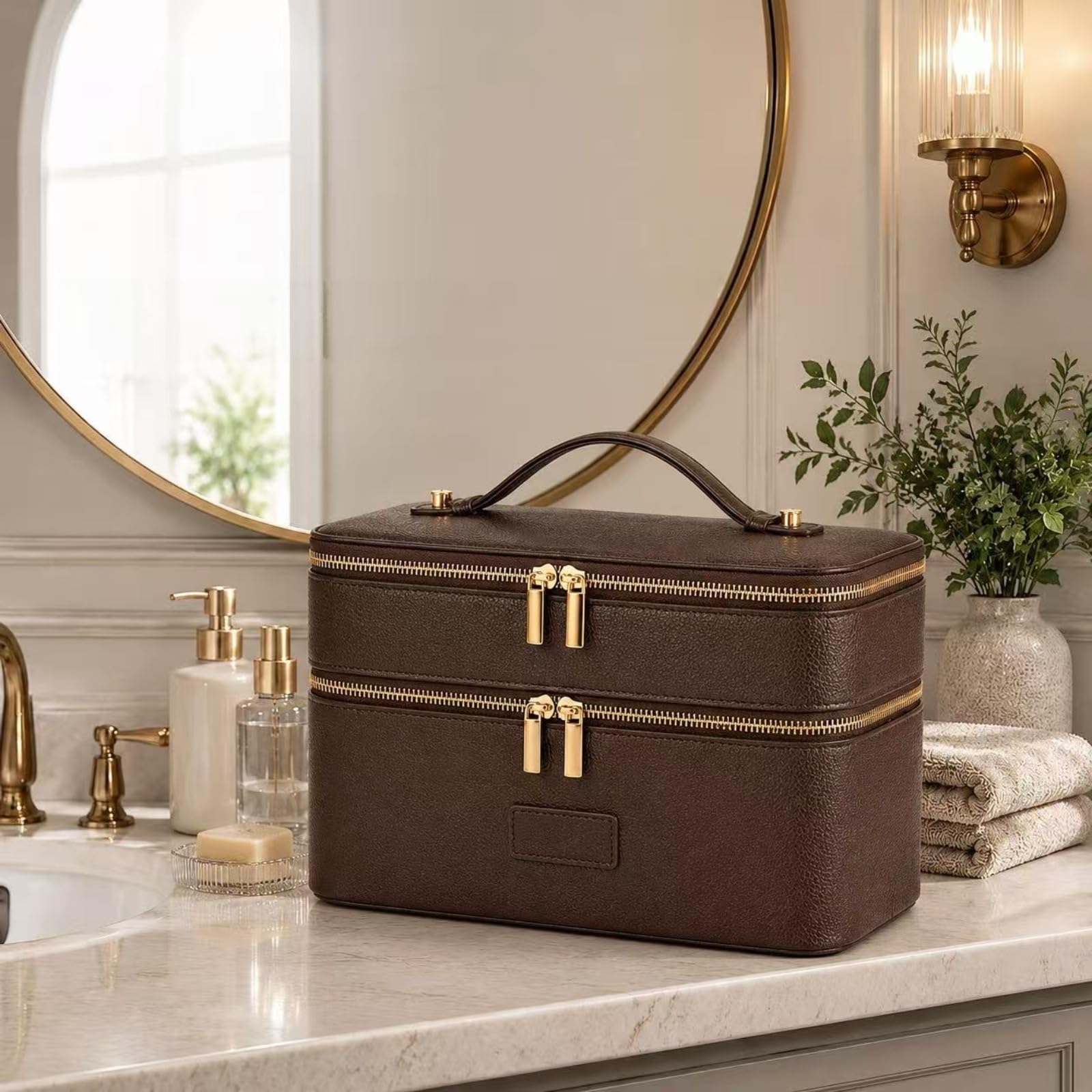 Vanity Maquillage en Cuir Double Couche Femme, Trousse de Toilette Voyage avec Compartiments Amovibles, Vanity Maquillage Femme, Trousse de Toilette Imperméable Portable
