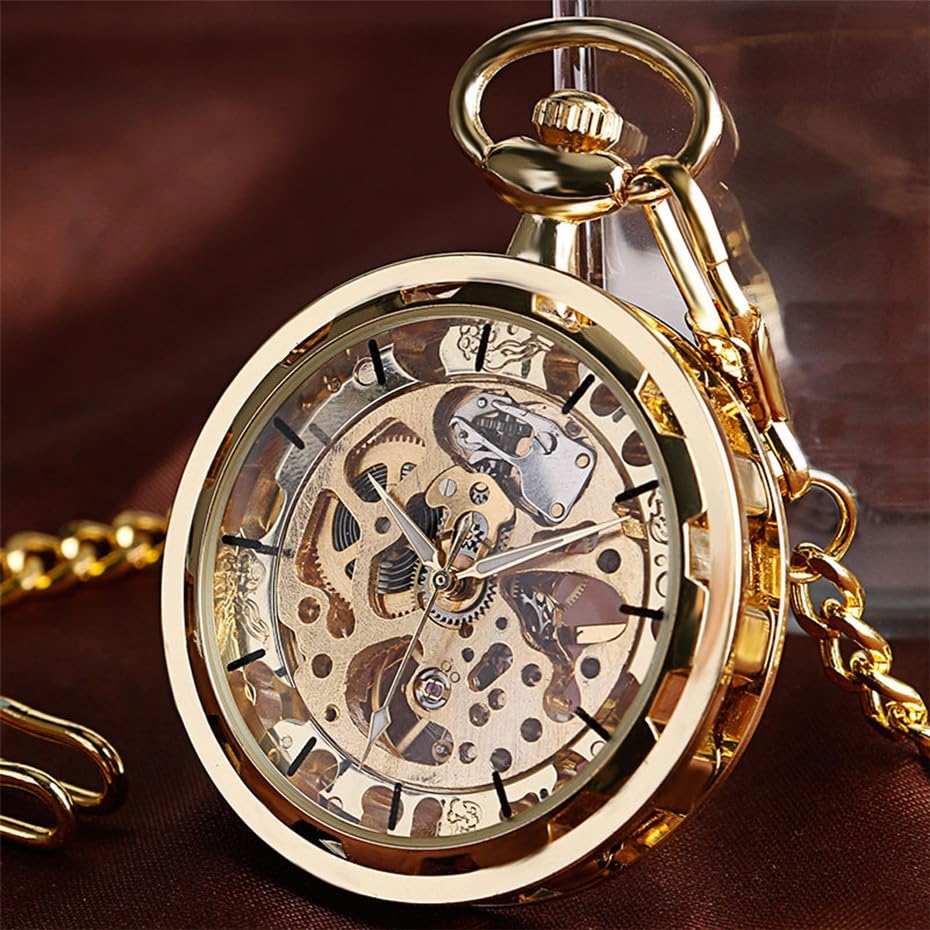 Transparente offenes Zifferblatt, hohles Skelett, mechanische Taschenuhr, Handaufzug, Vintage-Uhr, Geburtstagsgeschenk, mit Taschenkette(Gold Roman Numbers)