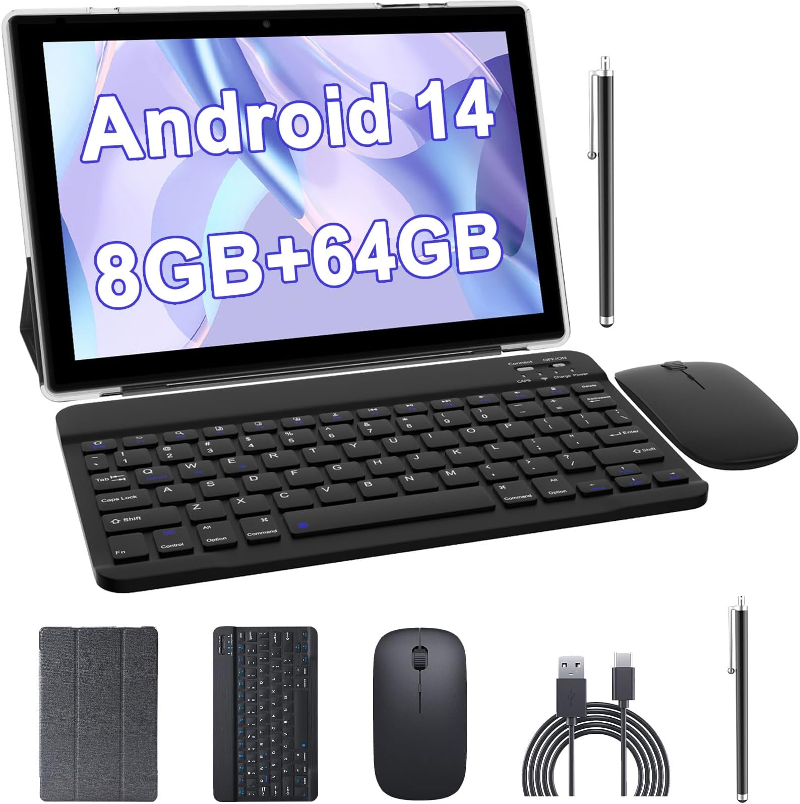 10 inch Android 14 Tablet with Keyboard, 2 in 1 Tablets Set Include Case Mouse Stylus, 8GB RAM+64GB ROM, Quad Core 10.1'' Tab, 6000mAh Battery, 8MP Dual Camera, Google GMS Certification Tableta