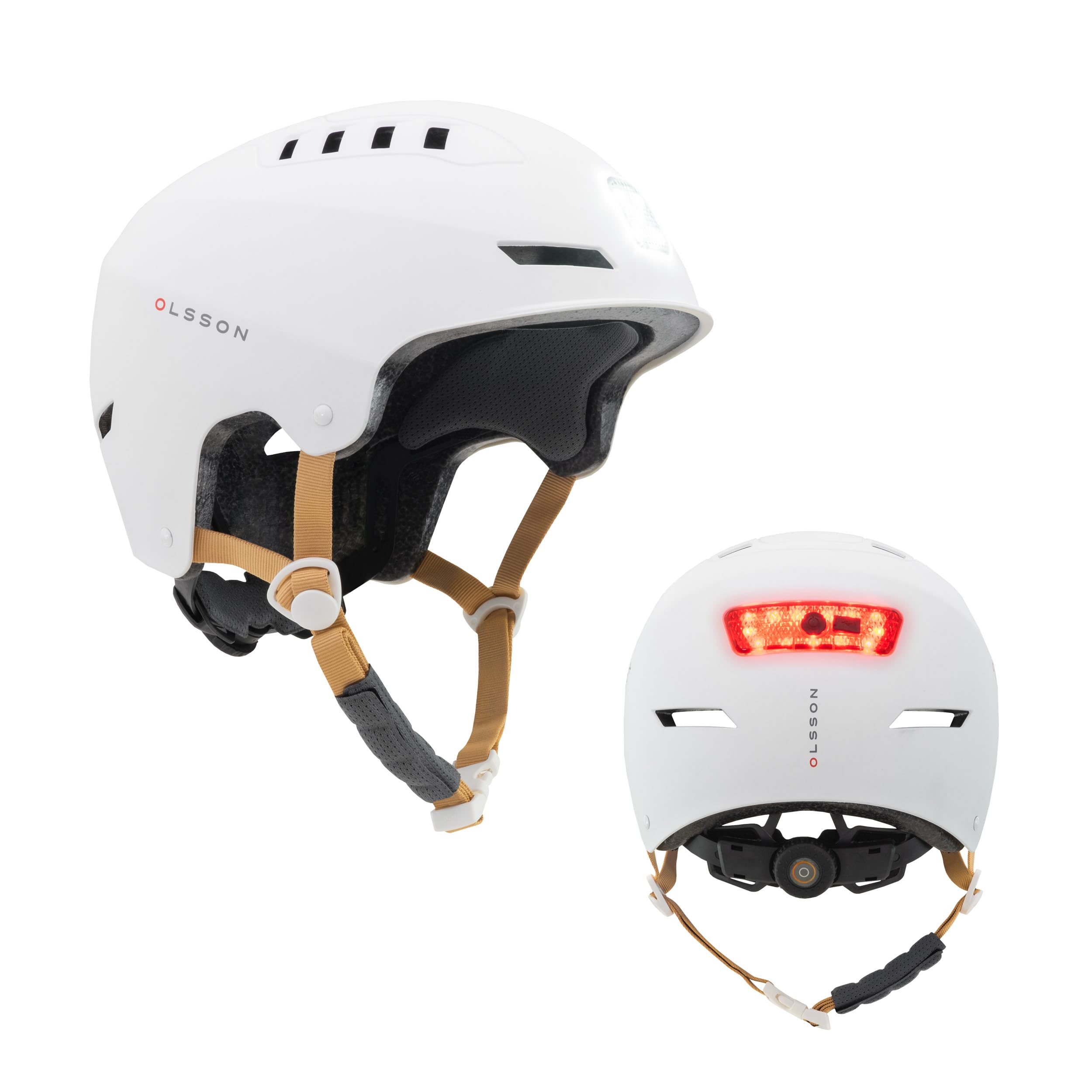 OLSSON Urban Light Casque avec lumière réglable, homologué, résistant aux chocs 360°, LED Avant+Arrière, Doublure Amovible, Ventilation