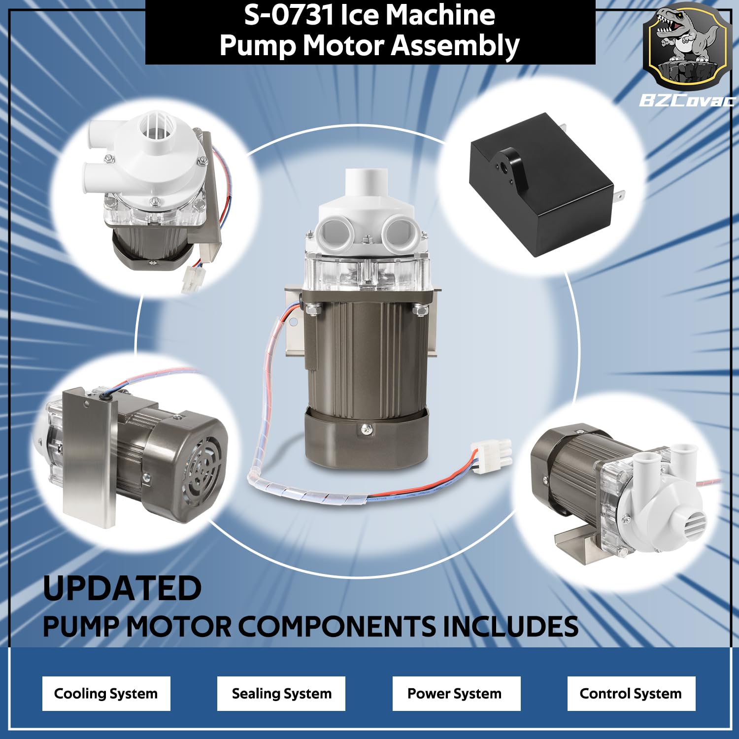 S-0731 Water Pump for Hoshizaki, Ice Machine Motor Assembly with Mounting Plate, 14-Inch Cable, and Factory Plug