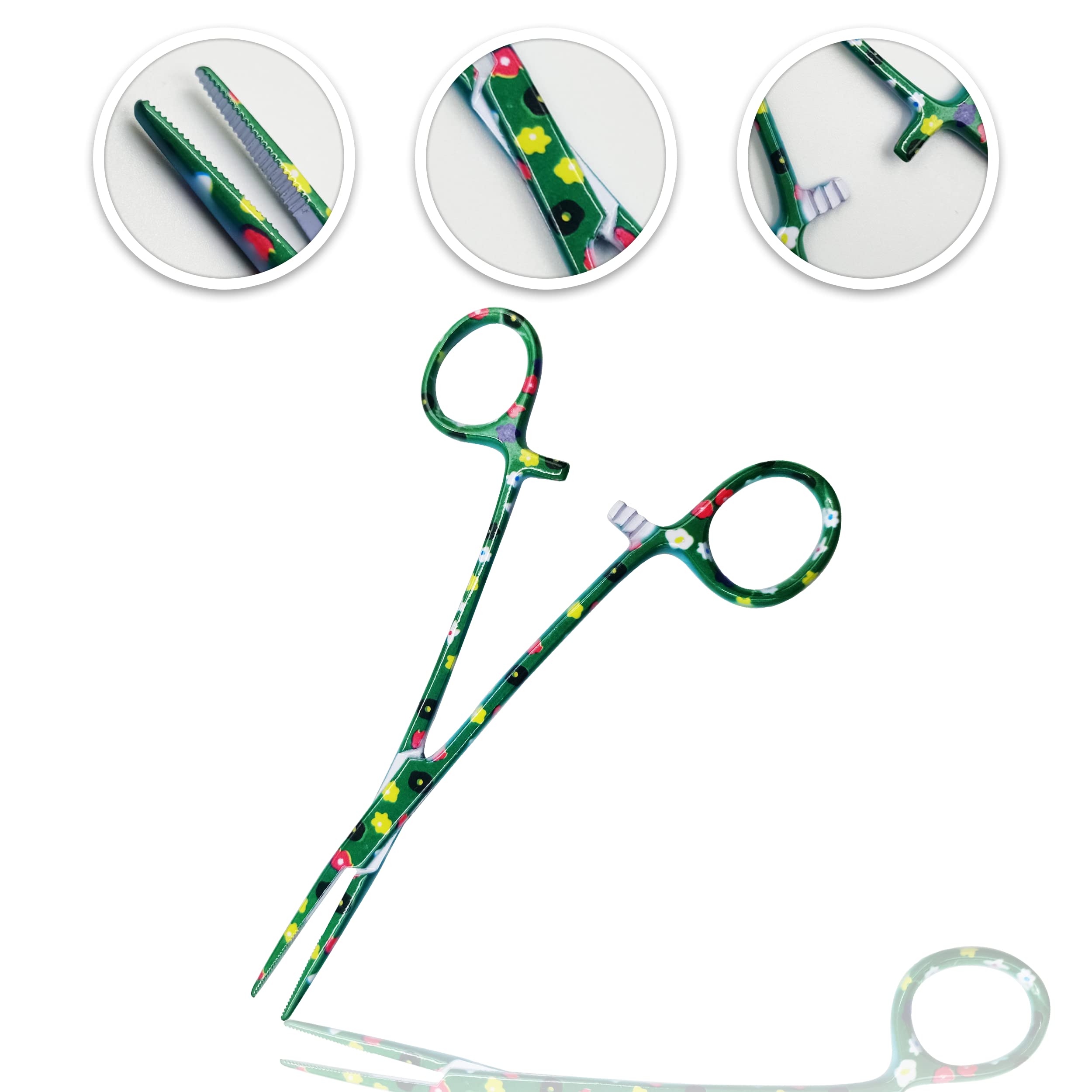 Cynamed Straight Kelly Hemostat Forceps Locking Clamps Premium Quality Stainless Steel, 5.5in. (Flower, Green)