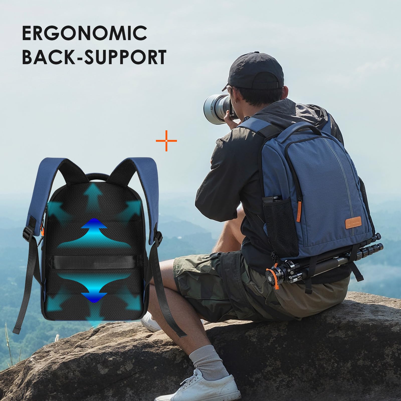 TARION Mochila impermeable para cámara de gran capacidad con compartimento para laptop de 15 pulgadas, cubierta de lluvia para mujeres y hombres, trípode para lentes de fotógrafo, color azul