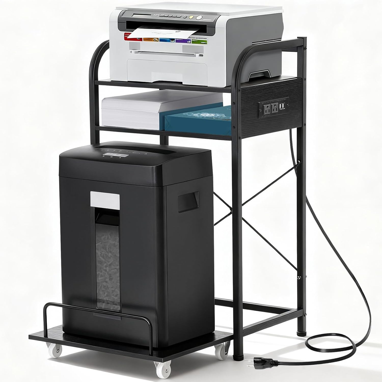 3-Tier Printer and Shredder Stand with Pull Out Shelf, 20" L x 14" W x 34" H Floor-Standing Printer Shredder Stand with Power Outlet, Printer Stand with Shredder Storage, Office Storage Rack