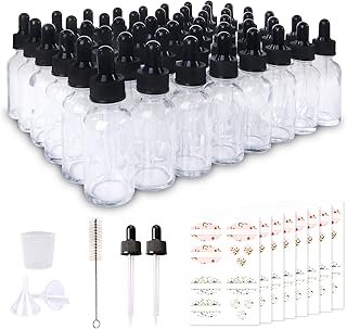 48 Pack 1oz Clear Glass Bottles with Glass Eye Droppers for Essential Oils, Perfumes & Lab Chemicals (Brush, Funnels, 2 Extra Droppers, 54 Pieces Labels & 30ml Measuring Cup Included)